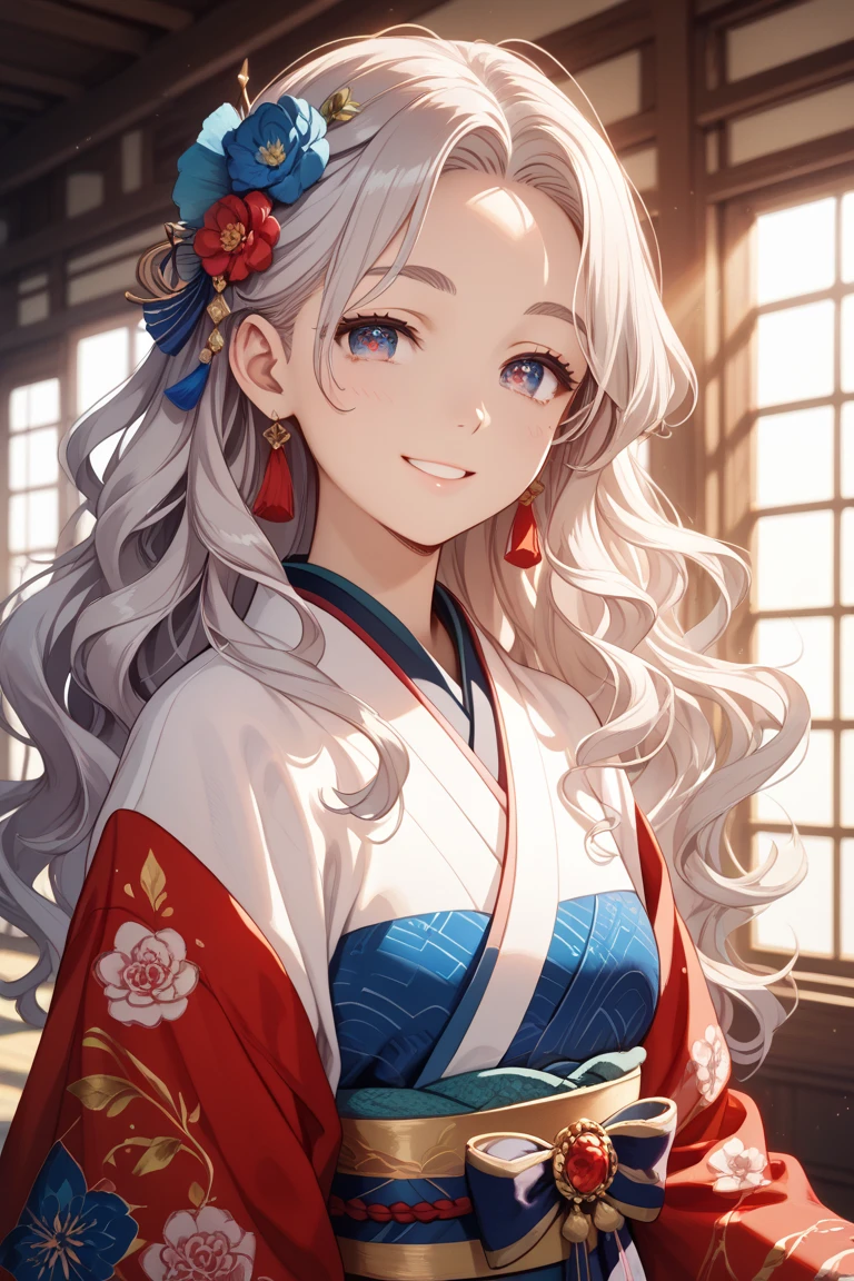 ((One personの女性)), Beautiful Face,(smirk),((Wink:1.9)), Laugh with your mouth wide open,((Bright red cheeks:1.4)),Shiny red lips,night,rooftop,Festive decorations,You can see the ocean, firework,Laughing with your mouth open,Glossy pink lips, lighting,((Anime style background)),masterpiece, Highest quality, so beautiful,up to date, Complex details, (Pink long nails),(ring),(bracelet),(choker),AI-generated, Complex,High resolution, Highest quality, super high quality,3D Images、3D Images,One person,Long white hair,High Ponytail,(Pale eyes),Anime woman posing for a photo, ((fine grain、Silvery white colorful eyes、Shining Eyes:1.4)),(Squint your eyes:1.1),a hyperRealistic , hyperRealistic , Realistic,Anime woman with long white hair, Smooth anime CG art, A woman in a colorful kimono with gold embroidery, (Black long sleeve kimono),Red floral pattern,Long flower hair ornament,big floral earrings,Mature Body,(Big Breasts:1.1),expensive,Abdominal muscles,Tight waist,(Zoom up to face:1.7),Shooting from diagonally below