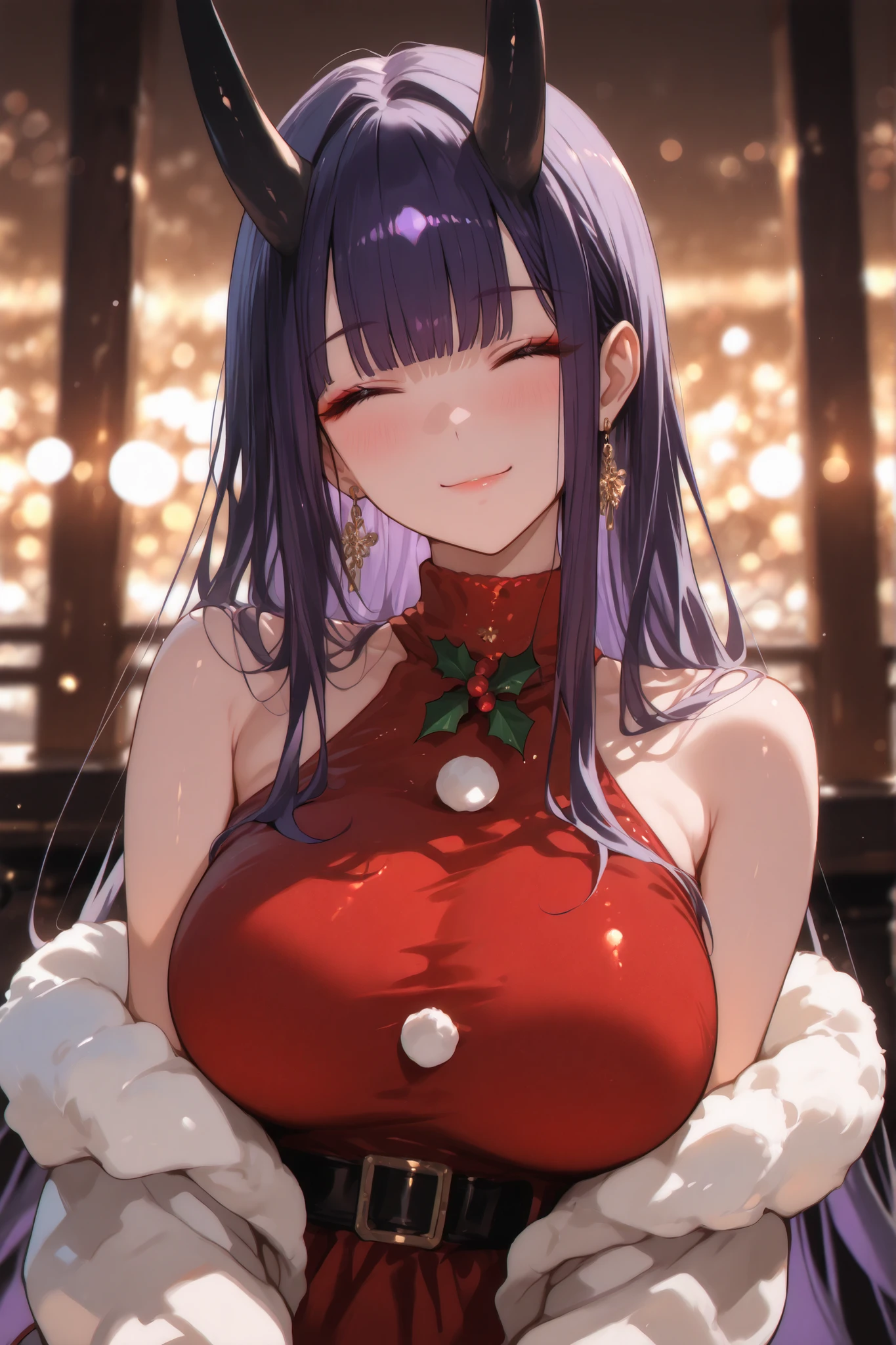 masterpiece, high quality, ultra detailed, super high resolution, bokeh,
1girl, solo, mishoujo, tall girl, 196cm, purple hair, long hair, straight bangs, sidelocks, closed eyes, smiling, black oni horns, , glamour, motherly, oriental, gold earrings, elegant, demon girl, graceful, fair skin, shawl on arms, halterneck, turtleneck dress, santa dress, x-mas, christmas