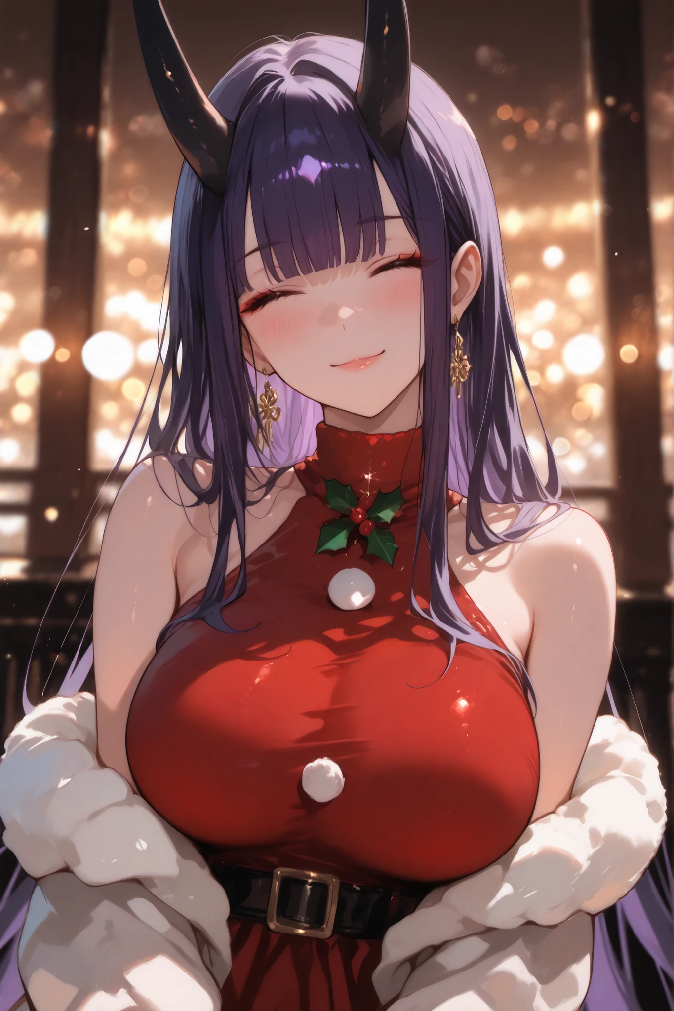 masterpiece, high quality, ultra detailed, super high resolution, bokeh,
1girl, solo, mishoujo, tall girl, 196cm, purple hair, long hair, straight bangs, sidelocks, closed eyes, smiling, black oni horns, , glamour, motherly, oriental, gold earrings, elegant, demon girl, graceful, fair skin, shawl on arms, halterneck, turtleneck dress, santa dress, x-mas, christmas