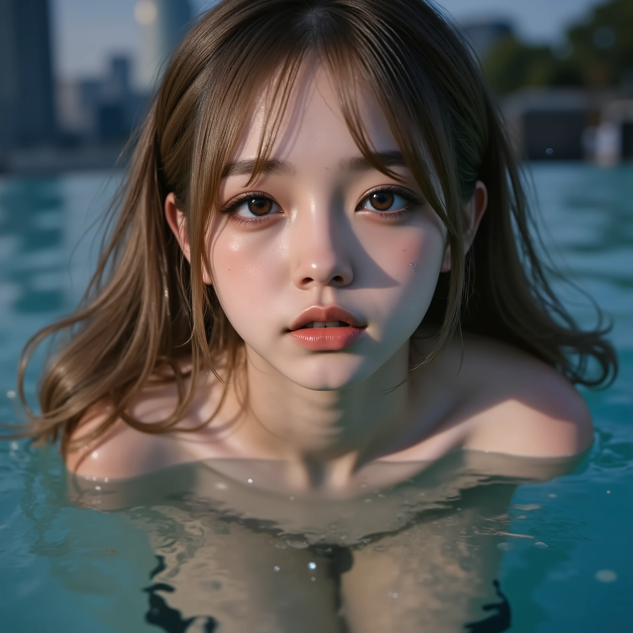 ExtremelyDetailed Beautiful Innocent girl in a masturbation position in a Infinity Pool on top of Skyscraper, at Golden hour to Dusk, Underwear shot with SuperWide lens, Haunting Beautiful Reflective Eyes, Coming Top of Ecstasy .. ExtremeAngle. her hair flowing with the currents, as small air bubbles rise towards the surface.