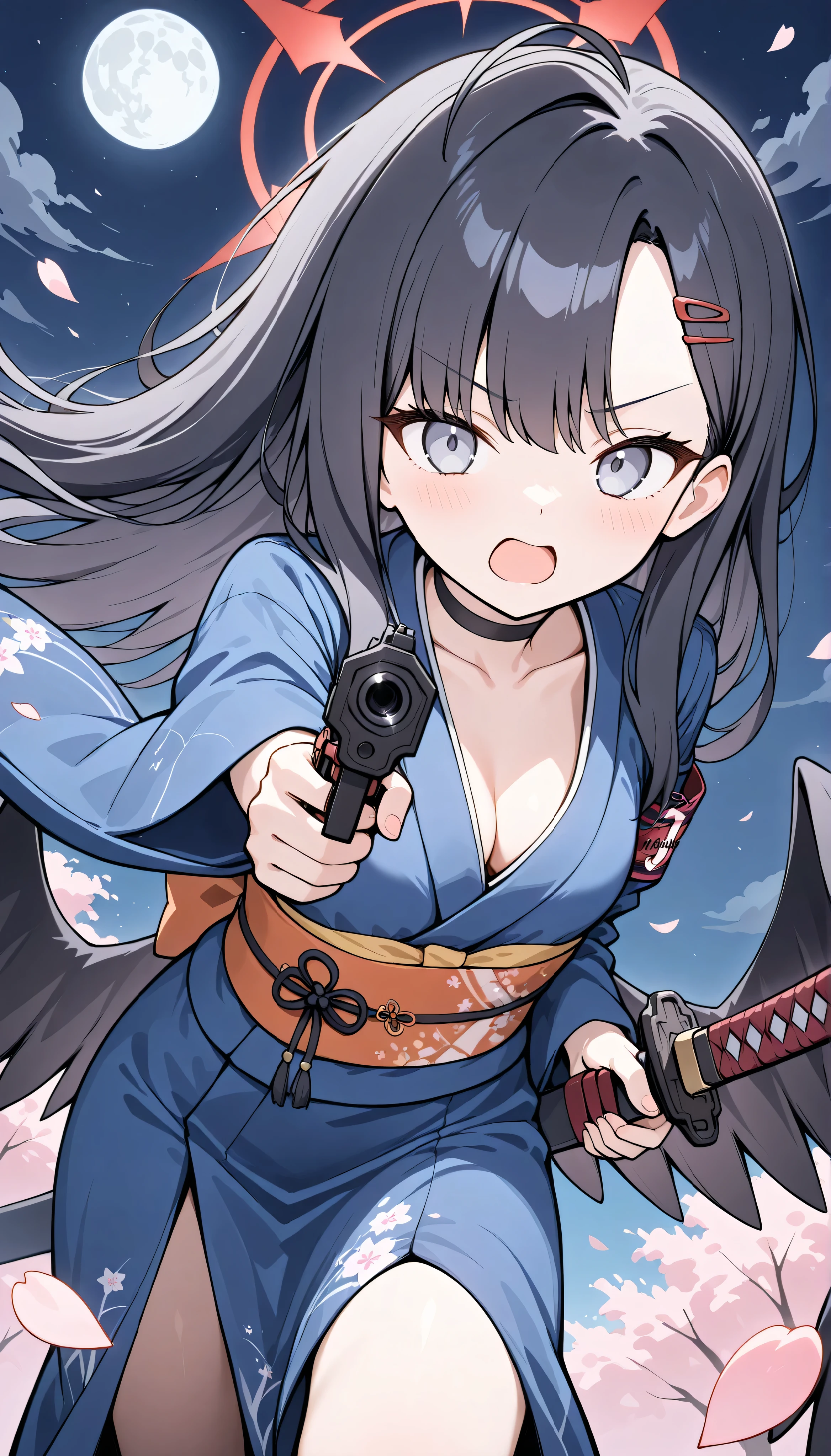 ichika (blue archive),grey eyes, black hair,long hair,hairclip,halo,choker,wings,small breasts, solo, I can see my eyebrows from the inside of my hair, hair between eyes, masterpiece, Best Quality, very aesthetic, blue kimono, orange obi, katana, ((aiming a katana at point of view:1.3)), dynamic pose, action shot, movement, open mouth, angry:1.2, outdoor, red longbow, pink petals, wind, hand gun, aiming a hand gun at point of view, wide shot, looking at viewer, cleavage, in the night:1.5, moon,