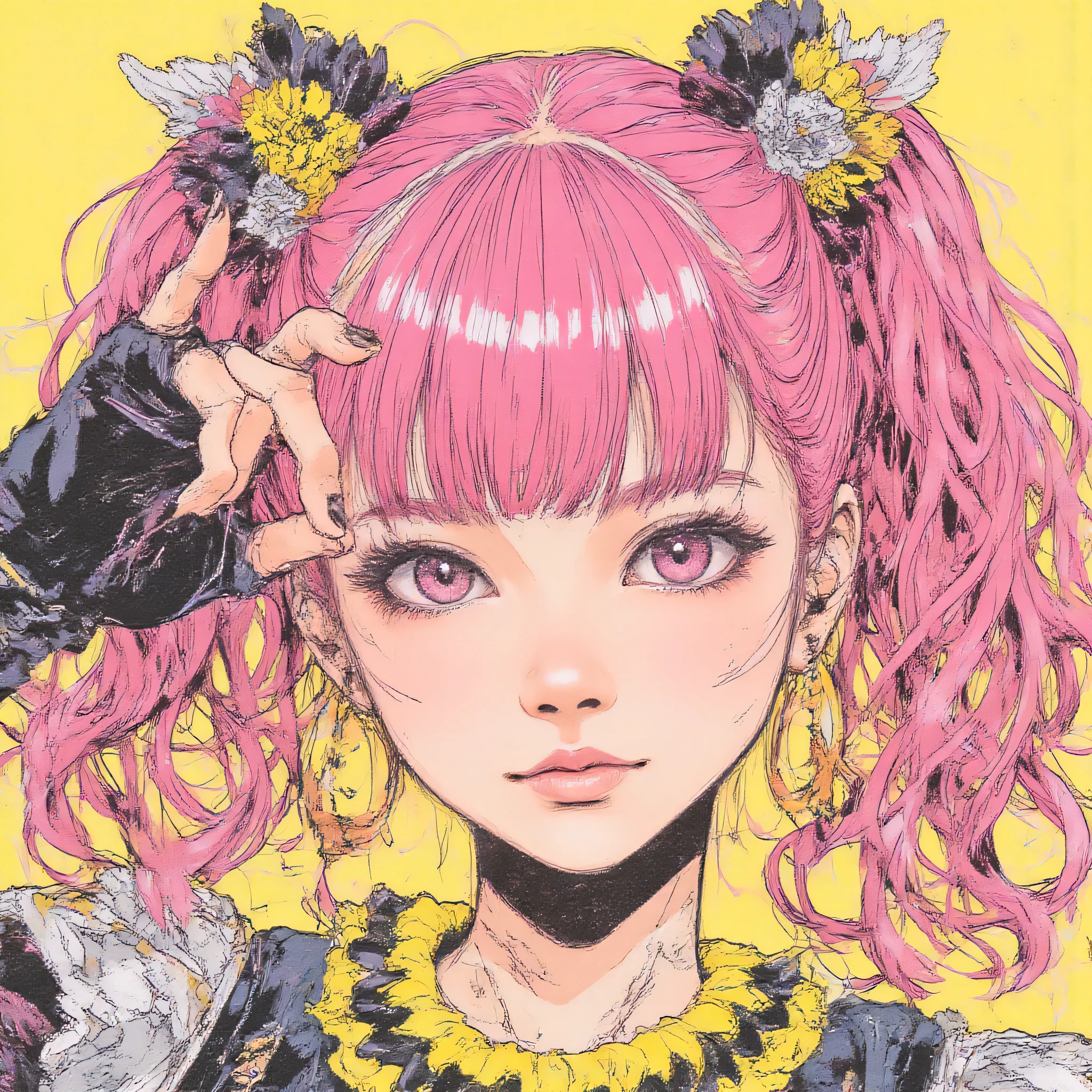 tsubasa,Juaner_manga,Gothic Punk Rebel Japanese Editorial Vivien Tam Pictures [Woman] WITH VERY EYES of purple color with pink hair with FULL BODY WITH SNEAKER-NIKE AIR FORCE with neon Yellow and Brown and Gray tattoos and wielding a 金色碗, [Yellow and Brown and Gray] , close-up, anime style, Fantasy Worldview、Expressive Texture, Photorealistic Techniques Using an Online Conference on a Computer,  vibrant colorful palette ,  hurufiyya , 32k uhd, fluid and dynamic brushstrokes, realistic ultra-high definition portraits, acute angle, Hard Paintings, Ukiyo-e, incredibly beautiful --ar 9:16 --style raw --niji、yuimetal