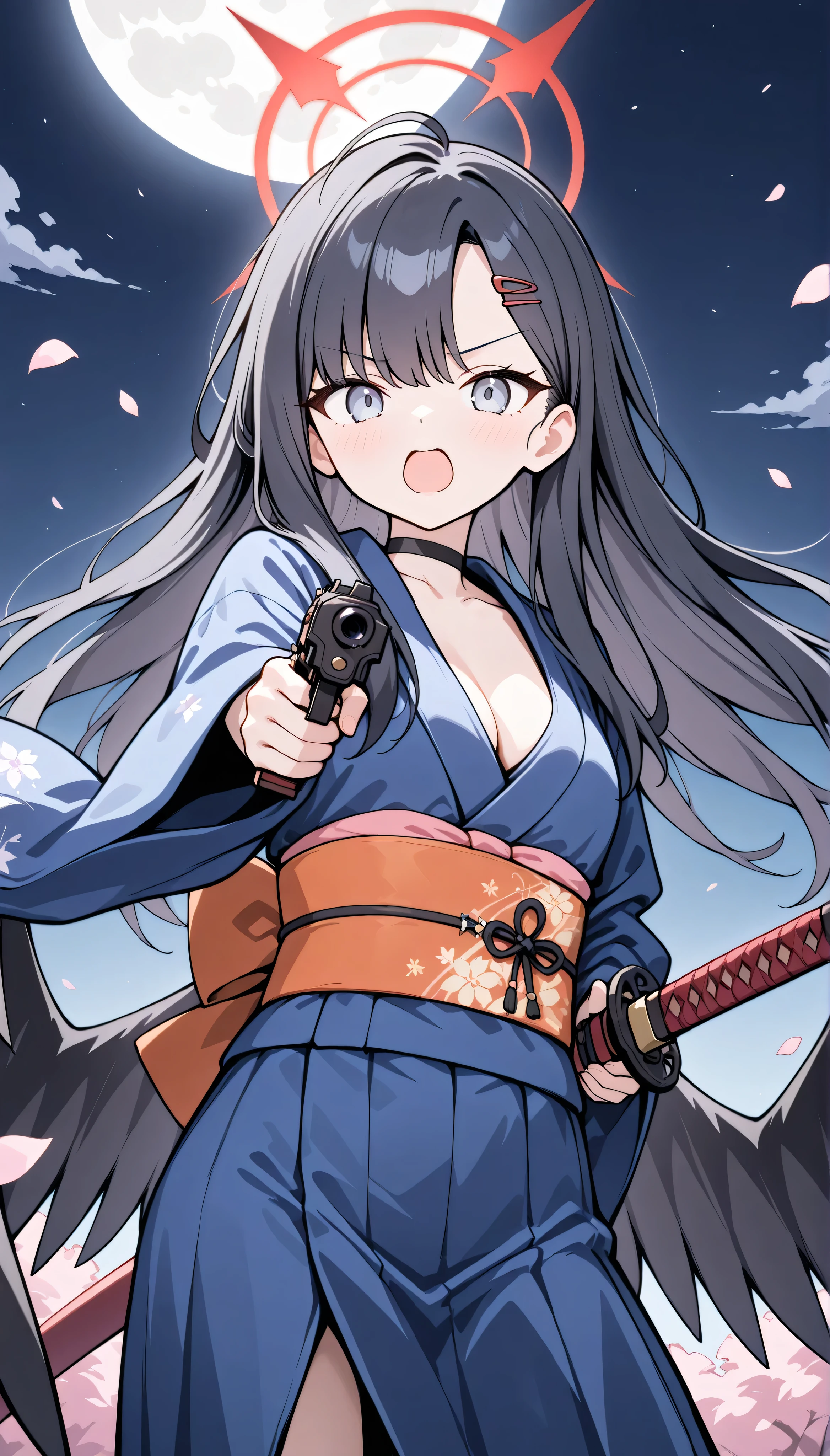 ichika (blue archive),grey eyes, black hair,long hair,hairclip,halo,choker,wings,small breasts, solo, I can see my eyebrows from the inside of my hair, hair between eyes, masterpiece, Best Quality, very aesthetic, blue kimono, orange obi, katana, ((aiming a katana at point of view:1.3)), dynamic pose, action shot, movement, open mouth, angry:1.2, outdoor, red longbow, pink petals, wind, hand gun, aiming a hand gun at point of view, wide shot, looking at viewer, cleavage, in the night:1.5, moon,