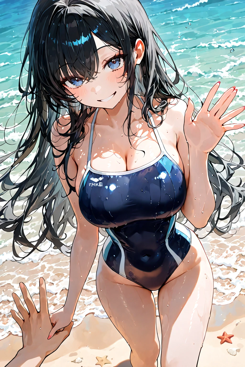 Rin Tosaka,Summer one-piece swimsuit，Slim and healthy body shape，Colossal tits，Ocean park，The curve  obvious，a fitness girl,Fleshy thighs，Comic cover style，Comic title，cute big breasts，Ocean park