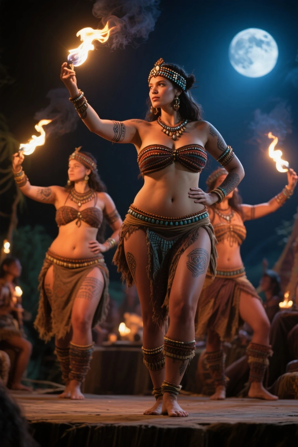 (two sorceresses, ???????????, big hair, big ????, bejeweled bodies, henna mystic symbols), cast a ritual to summon (a fiery tiger demon), set in ancient ruins