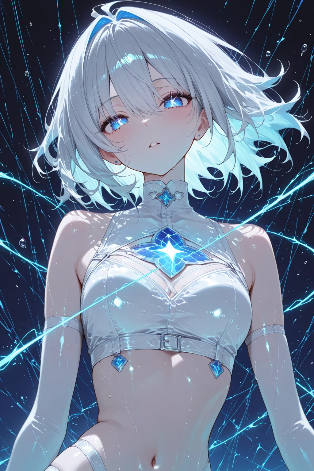 beautiful, masterpiece, Highest quality, anime, One girl, C Cup,Portrait Shot, View your viewers, Covered、Short Hair、nearby、Blue Eyes、art、、White hair,Blue streaked hair、wallpaper、hairpin、Cute smile、Thighs、navel、Sci-fi hair accessories、Blue-black_Gloves、Blue-black_Knee-high boots、、Cute、Blue-black_Short skirt、Sci-fi clothes、blue sky、Blue-black_High leg、Leather material、navel