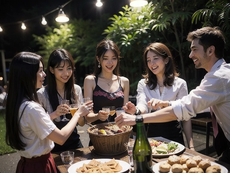 ((Highest quality、8K、masterpiece:1.3))、 (Ultra-realistic、 Genuine、Bright image、Intricate details:1.2), 最高のsmile、1 male 1 female、Beautiful couple、love love love、Lovers in Paris、Good friends、actress couple、smile、Full-course dinner at a packed table、 (Slim face), (the body is slim), (Brown Hair), (short hair), テーブルのwine glass、Please shine a light on my face、 Amazing view of the sunset sky and clouds、 years old 39 years old, red wine 、Appetizers、Wine bottle、sparkling wine、Long sleeve shirt、dress、White wine, red wine, wine glass, 