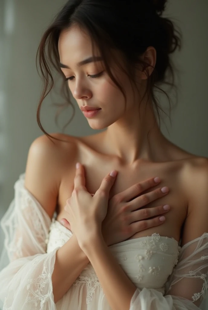 xxmixgirl, Analog Style, Eye focus, Highest quality, (Very detailed skin), Exquisitely beautiful white skin photos, 21 years old, Upper Body、Perfect Face, Captivating eyes, ( makeup: 1.3), Skin pores, (Bokeh:1.5), Sharp focus, Dappled Lighting, (Backlight), Film Grain, (Very detailed, Exquisitely crafted), 8K, High resolution, Front view, Studio Light, Very detailed顔, Fine grain, (double eyelid: 1.4), Aristogle, Brown eyes, (commercial: 1.6), Short hair swaying in the wind, Beautiful brown hair,Medium Hair、bangs ( makeup), ((White studio background: 2))