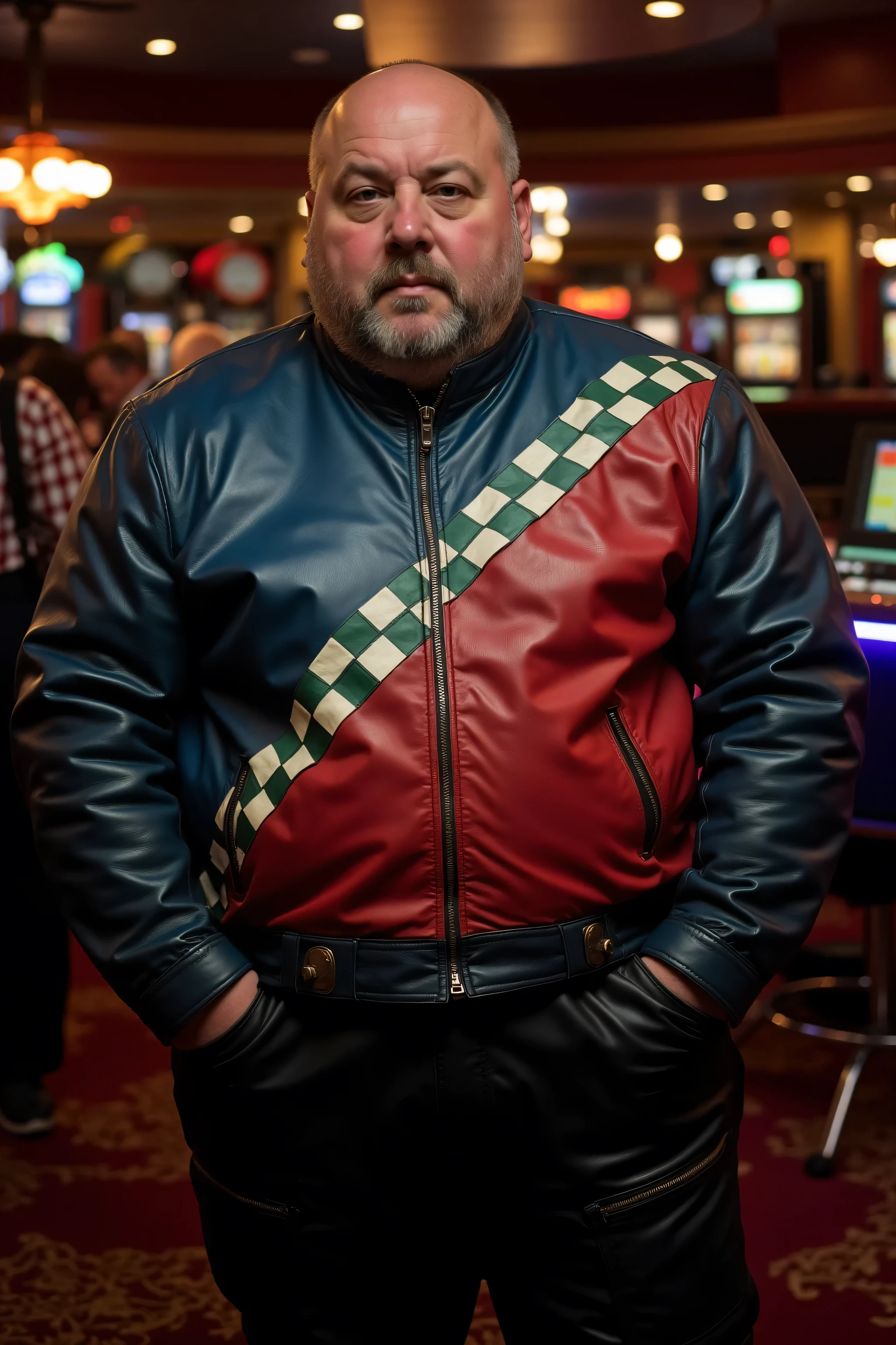 a 58 year old fat man weighing 600 pounds wearing bredwhtredcheckercrjkt a 1960s vintage cafe racer jacket with a diagonal blue and green stripe across the chest, the upper half of the jacket is blue, the lower half of the jacket is red, the jacket has a shiny silver hip belt, the man wears shiny black polished leather pants with silver pockets, the man stands inside of a casino near a bar, the mans leather clothing is heavily aged with wrinkles and dust spots,