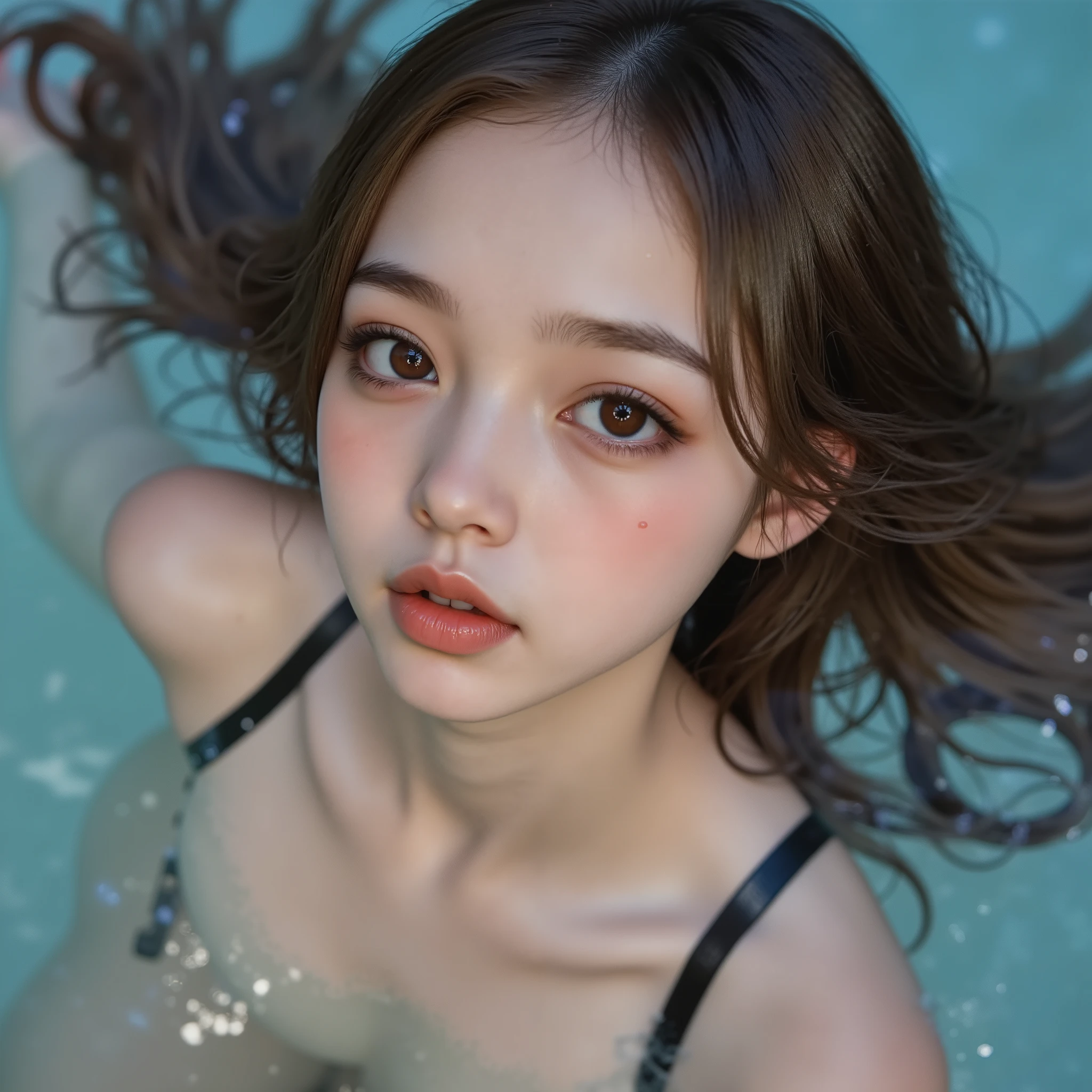 ExtremelyDetailed Beautiful Innocent girl in a masturbation position in a Infinity Pool on top of Skyscraper, at Golden hour to Dusk, Underwear shot with SuperWide lens, Haunting Beautiful Reflective Eyes, Coming Top of Ecstasy .. ExtremeAngle. her hair flowing with the currents, as small air bubbles rise towards the surface.