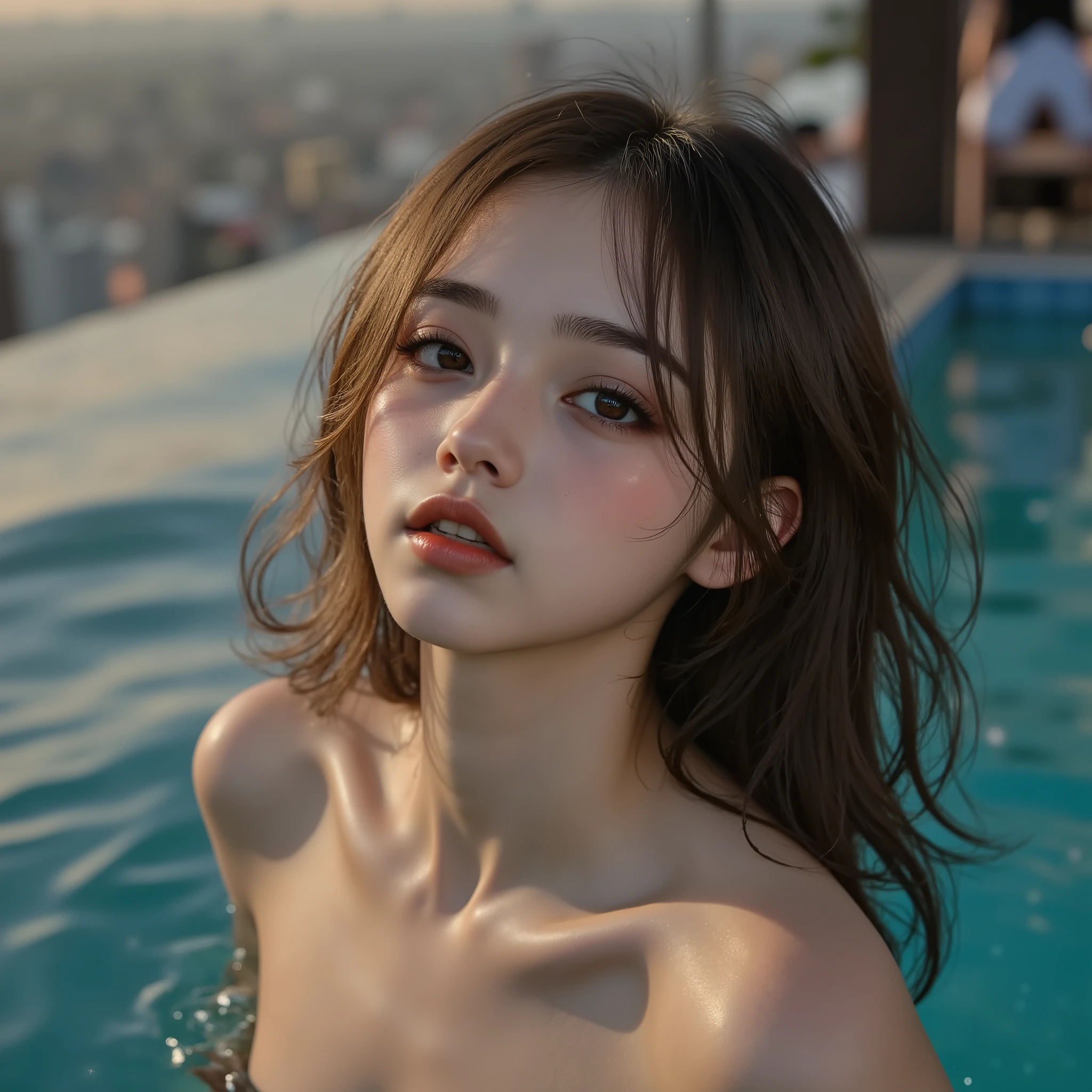 ExtremelyDetailed Beautiful Innocent girl in a masturbation position in a Infinity Pool on top of Skyscraper, at Golden hour to Dusk, Underwear shot with SuperWide lens, Haunting Beautiful Reflective Eyes, Coming Top of Ecstasy .. ExtremeAngle. her hair flowing with the currents, as small air bubbles rise towards the surface.