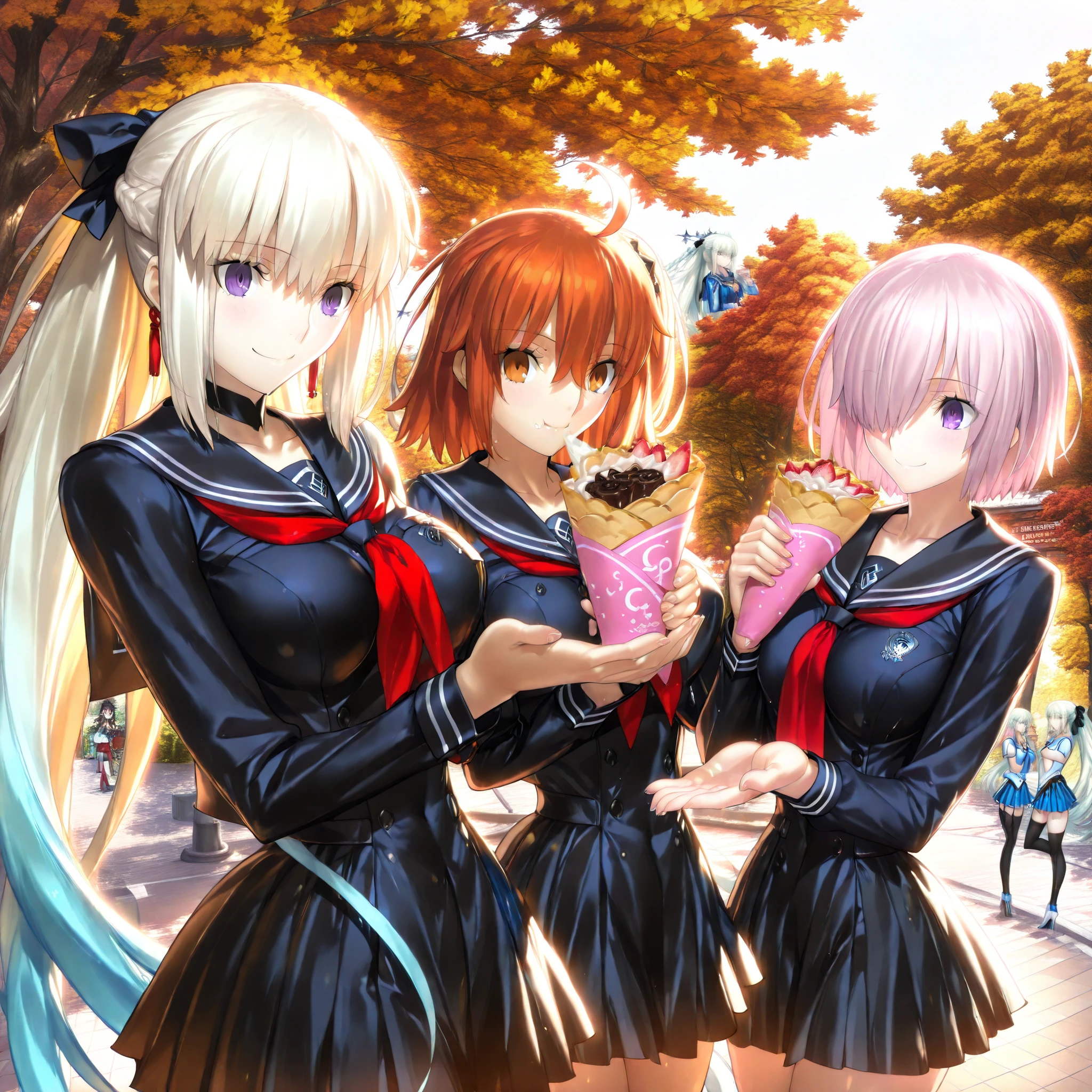(masterpiece:1.2), (Highest Quality:1.2), (Super Detailed:1.2), (Fate/Grand Order style:1.3), (Thickly painted anime style:1.2), (anime style:1.25), takeuchi takashi,
(4girls:1.3), ((Fate Grand Order)),
((sunny after school on Omotesando street in Harajuku)),
((crepe eating)),((smile)),(breast:1.2),
((personA: Fujimaru Ritsuka (female):1.3)),
((personB: Mash Kyrielight:1.3)),
((personC: Morgan le Fay (Fate):1.3)),
((personD: Ishtar:1.3)),
((autumn season)),
((all 4girls are wearing Japanese high school sailor suit))
((crepes in hand)),
((eye-level diagonal shot along Omotesando sidewalk)),
((in mid-conversation)),(smiling:1.2)
((cheerful group)),
((warm golden hour))