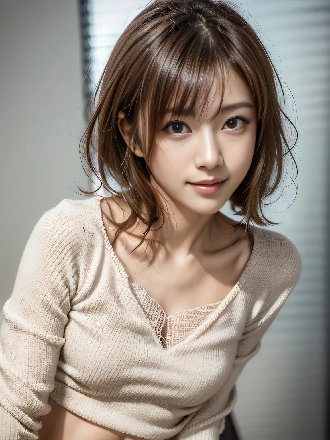 best quality, face focus, soft light, ultra high res, (photorealistic:1.4), RAW photo, 1japanese girl, solo, cute, (shy smile:0.5), (brown eyes, lights in the eyes), detailed beautiful face, (small ),(high resolution detail of human skin texture), (short bob hair), BREAK, in classroom,navy , vest, skirt