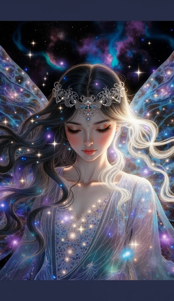 (Fantasy Art:1.2) photo of a cosmic fairy with radiant, colorful wings and a constellation-like headdress, surrounded by vivid, multicolored light and particles, holding a glowing orb in her hand, gazing at it with a serene expression, framed to highlight her upper body and wings against a backdrop of stars, galaxies, and nebulae, dynamic and radiant lighting creating a glowing effect, slightly angled side view to capture the fairy's profile and the full expanse of her wings, shot with a high-resolution digital camera to capture intricate details and vivid colors.