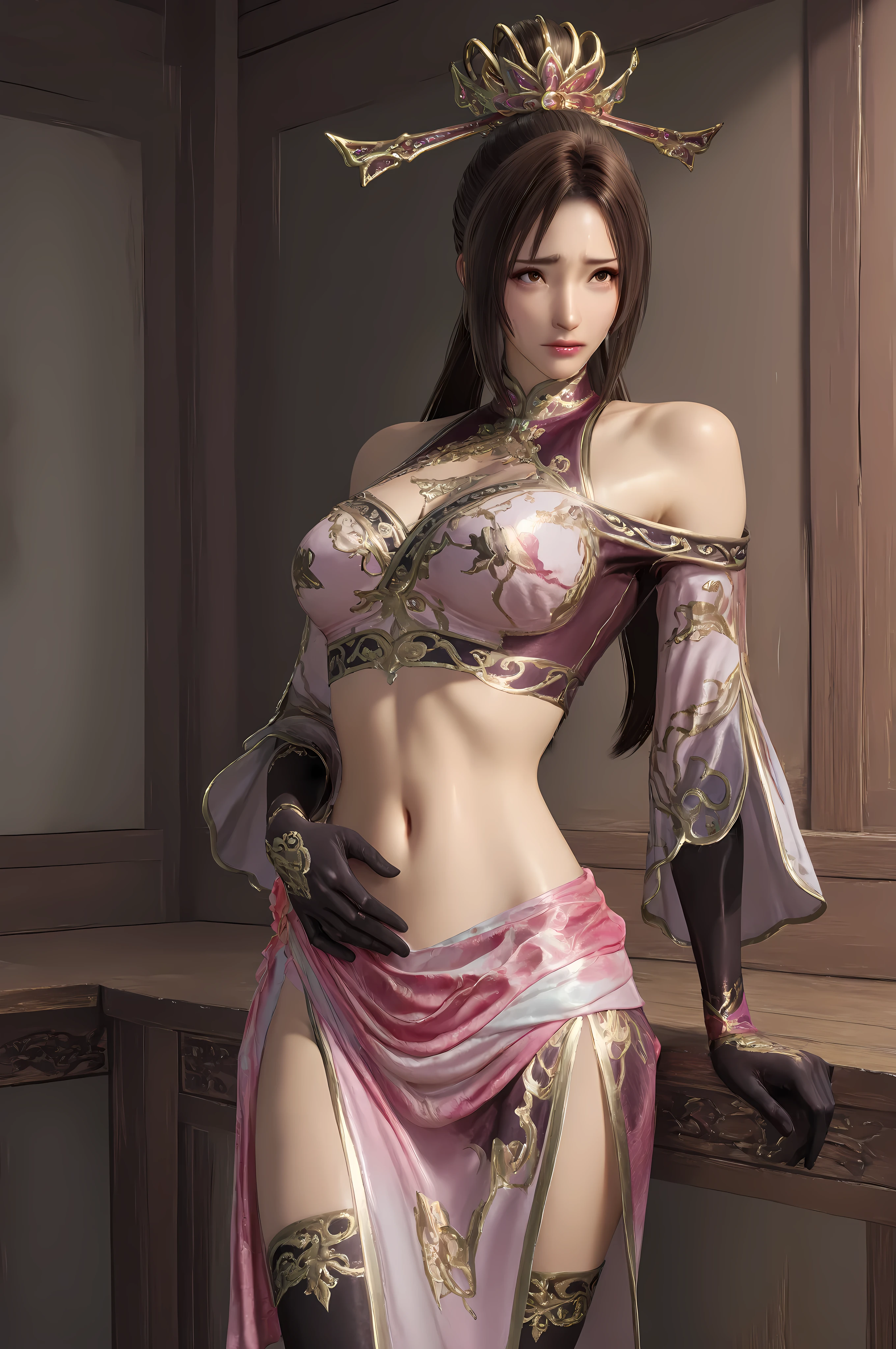 1girl,thighhighs,gloves,brown hair,elbow gloves,midriff,navel,long hair,brown eyes,black thighhighs,bare shoulders,hair ornament,black gloves,dress,chinese clothes,crop top
cowboy shot, upper body shot,
diaochan,
Solo, general, masterpiece, highres, ultra-detailed, hyper-detailed, best quality, amazing quality, very aesthetic, best hands, best eyes, best hand,
Beautiful skin, top quality, High quality images, anatomically accurate , textured skin, Very Delicate 、
adult woman, 1woman, one hand clutching on own stomach, nervous, scared, leaning forward, sweat,
fancy wide wooden hallway, ancient China grand wooden room,