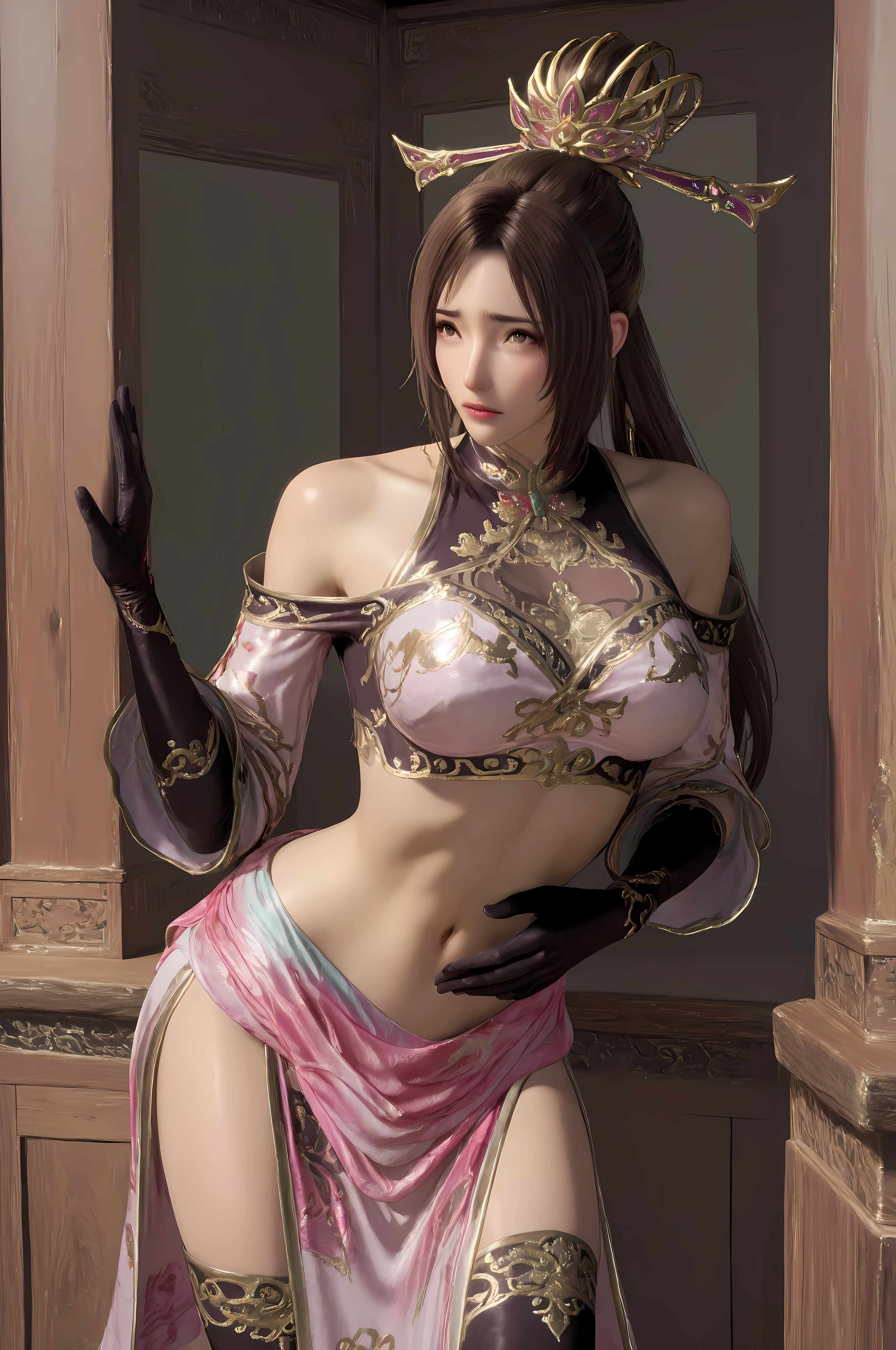 1girl,thighhighs,gloves,brown hair,elbow gloves,midriff,navel,long hair,brown eyes,black thighhighs,bare shoulders,hair ornament,black gloves,dress,chinese clothes,crop top
cowboy shot, upper body shot,
diaochan,
Solo, general, masterpiece, highres, ultra-detailed, hyper-detailed, best quality, amazing quality, very aesthetic, best hands, best eyes, best hand,
Beautiful skin, top quality, High quality images, anatomically accurate , textured skin, Very Delicate 、
adult woman, 1woman, one hand clutching on own stomach, nervous, scared, leaning forward, sweat,
fancy wide wooden hallway, ancient China grand wooden room,