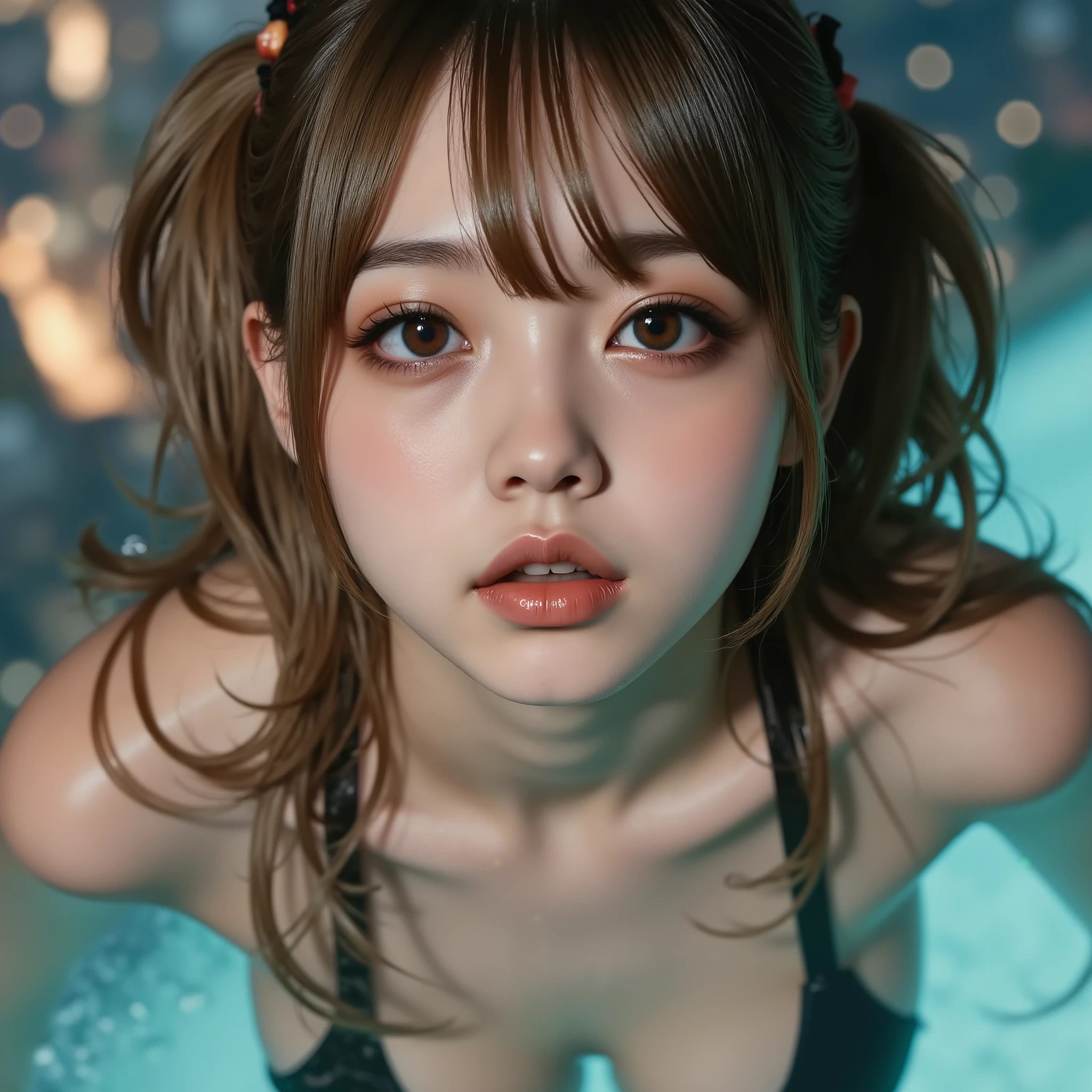 ExtremelyDetailed Beautiful Innocent girl in a masturbation position in a Infinity Pool on top of Skyscraper, at Golden hour to Dusk, Underwear shot with SuperWide lens, Haunting Beautiful Reflective Eyes, Coming Top of Ecstasy .. ExtremeAngle. her hair flowing with the currents, as small air bubbles rise towards the surface.