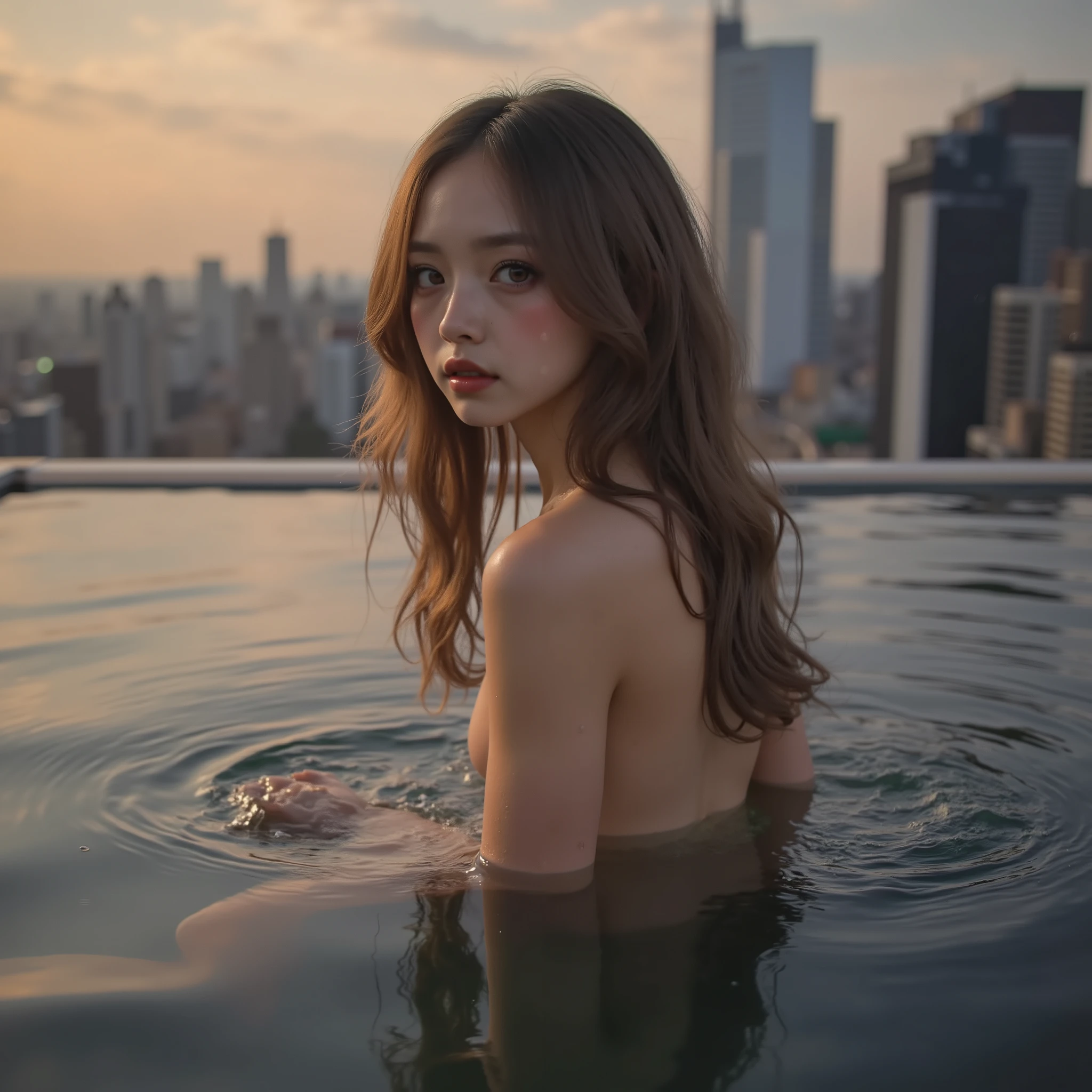 ExtremelyDetailed Beautiful Innocent girl in a masturbation position in a Infinity Pool on top of Skyscraper, at Golden hour to Dusk, Underwear shot with SuperWide lens, Haunting Beautiful Reflective Eyes, Coming Top of Ecstasy .. ExtremeAngle. her hair flowing with the currents, as small air bubbles rise towards the surface.