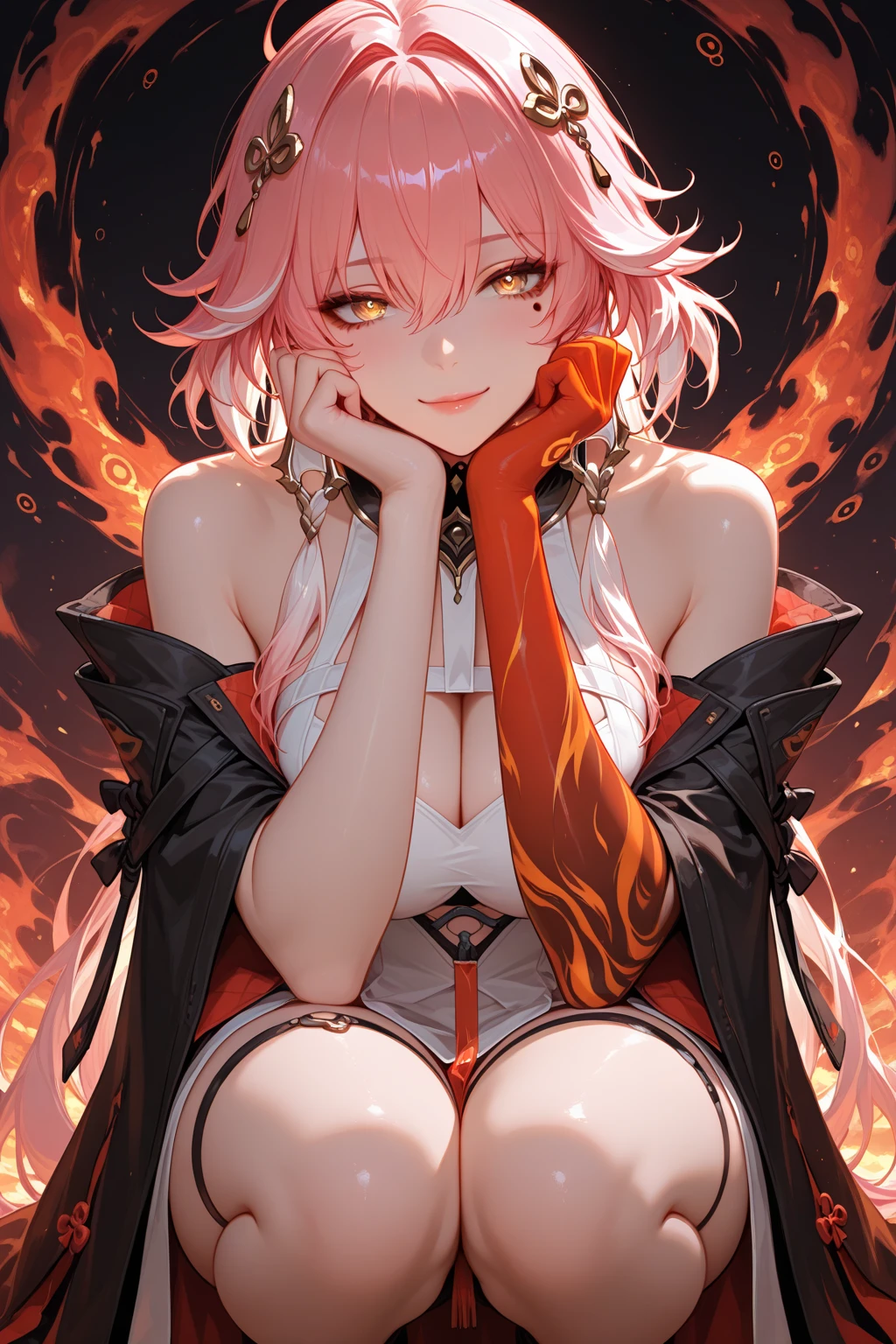 (masterpiece),((ultra-detailed)), (highly detailed CG illustration),(expressionless), (best quality:1.2),(1girl:1.2),High quality texture, intricate details, detailed texture, High quality shadow, a realistic representation of the face, Detailed beautiful delicate face, Detailed beautiful delicate eyes, a face of perfect proportion, depth of field, ((Lens Flare, Ray tracing)), perspective,20s , perfect body, (narrow waist:1.3), distinct_image, (lustrous skin), solo focus, (finely detailed beautiful eyes and detailed face), (streaked hair ), light source contrast, (pureerosface_v1:0.5) , (ulzzang-6500-v1.1:0.5), liliana_melody, 1girl, solo, ???????, large ??????, ??????????????, short hair, (pink hair:1.6), bangs, pink eyes, blonde hair, simple background, thighhighs, gloves, hat, (animal ears:1.7), tail, heart, parted lips, shorts, alternate costume, dress, skirt, white gloves, elbow gloves, white thighhighs, fox ears, (fox tail:1.7), multiple tails, high heels, realistic, magical girl, hat, mini hat, top hat, mini top hat, idol, look at camera