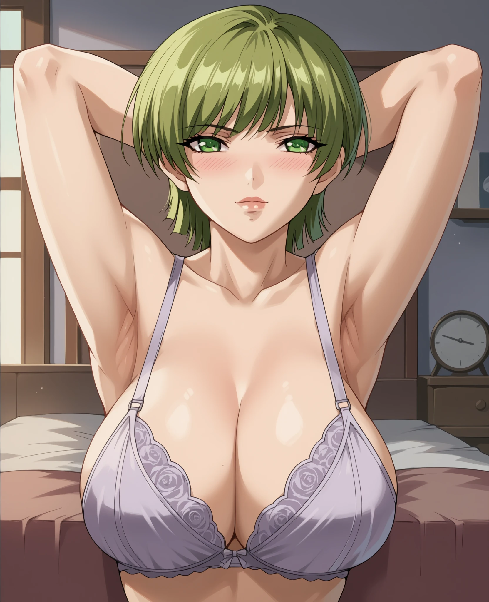 masterpiece, best quality, extremely detail 8k cg, high resolution, 1girl, hitch dreyse, blonde hair, emerald eyes, thin body, huge breasts, thigh gap, bikini top, bikini bottoms, embarrassed look, blush, outdoors, onsen, beautiful face, medium full shot