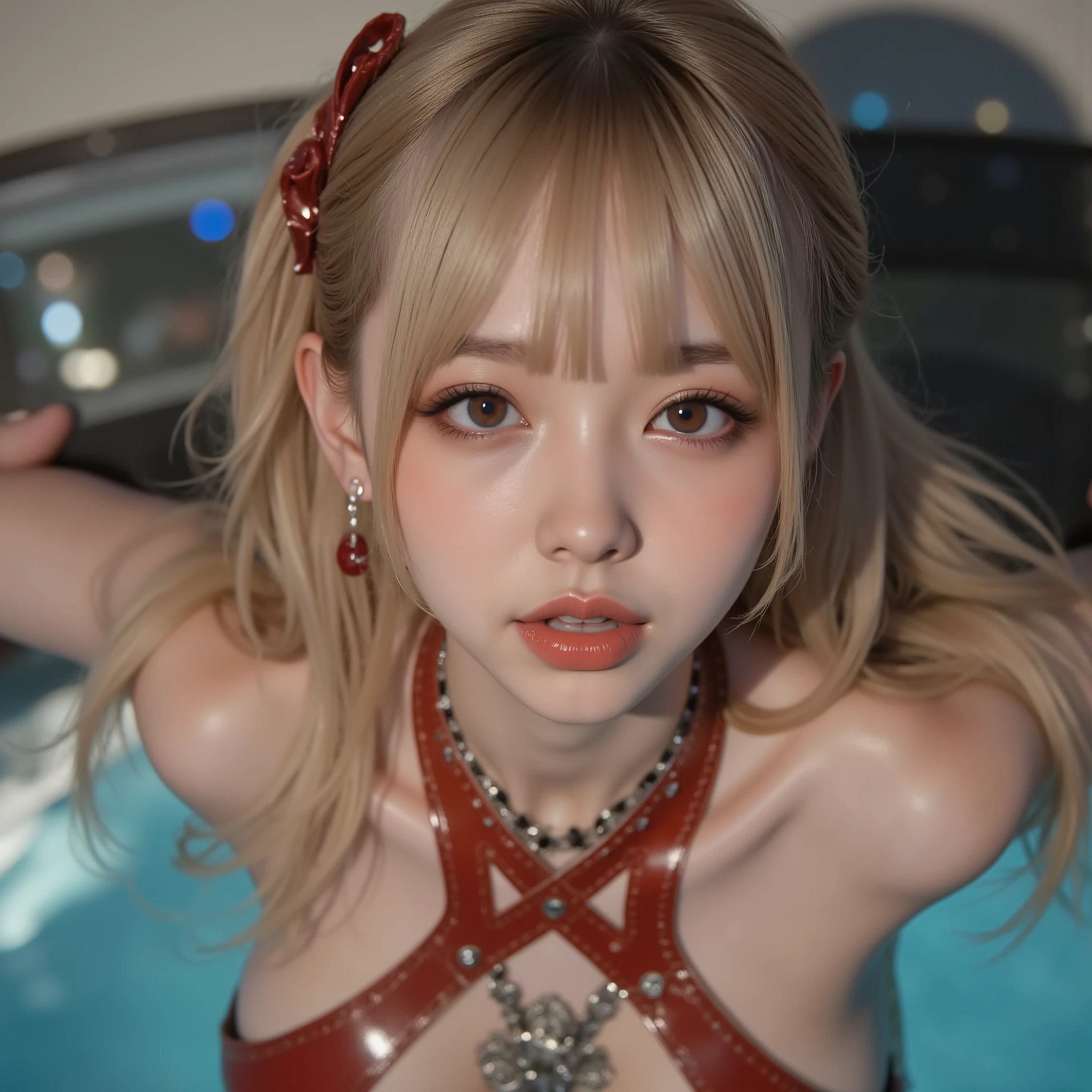 (Wide Lens effect), masterpiece of HDR Aerial action photo, LifeLike Live-Action of Extremely Detailed a face close-up of Astonishing princesses from Directly Above with SuperWide lens, Shapely buttocks, Floating in a Infinity pool edge on the roof of Skyscraper, at Golden hour to Dusk, intricate lighting effects with light particles, (((many colorfull Lights dazzling bokeh))), { Childish | Overflowing Gigantic Sideboob | Shapely Nudie buttocks } . (((NOGIZAKA))) Extremely Detailed very KAWAII face variations, captivating gaze, Delicate reflective eyes, Talking open Lips with beautiful details, Coquettish KissableTongue, Rosy cheeks, Transparent albino skin tone. { pleasure in agony | Ecstasy | :D | screaming | Perplexed }, Mystic sight, { Full of flowers | Red leather high collar with chains | Red ribbon | Tiny Coronet | Pearl earrings | Platinum Hair | chignon }, Anatomically correct whole body and all limbs, Corrected Childish Hand, hart shaped Pasties, Super-Detailed Rich Textures, Looking down composition, bird's-eye view, Closeup of upward glance from Directly Above, She tilts her head back and looks up at you, turning sideways, very aesthetic AI-assisted Amazing Quality clear picture at SkyPool, Dive into the water with splash