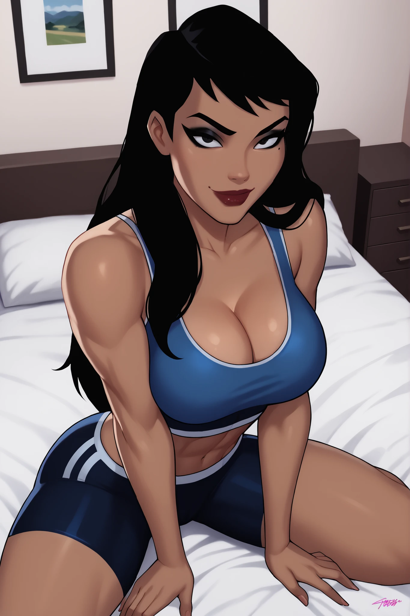 BREAK, score_6_up, score_7_up, score_8_up, score_9, 1girl, solo, Drlight, long hair, black hair, black eyes, lipstick, makeup, dark-skinned female, , busty, cleavage, curvy, athletic, midriff, looking at viewer, seducing viewer, teasing viewer, expression, smiling, closed mouth, bedroom eyes, navy blue sports bra, navy blue bike shorts, indoors, bedroom, sitting on bed, closeup, portrait, upper body, high-angle view, black eyeshadow, black eyeliner, black mascara