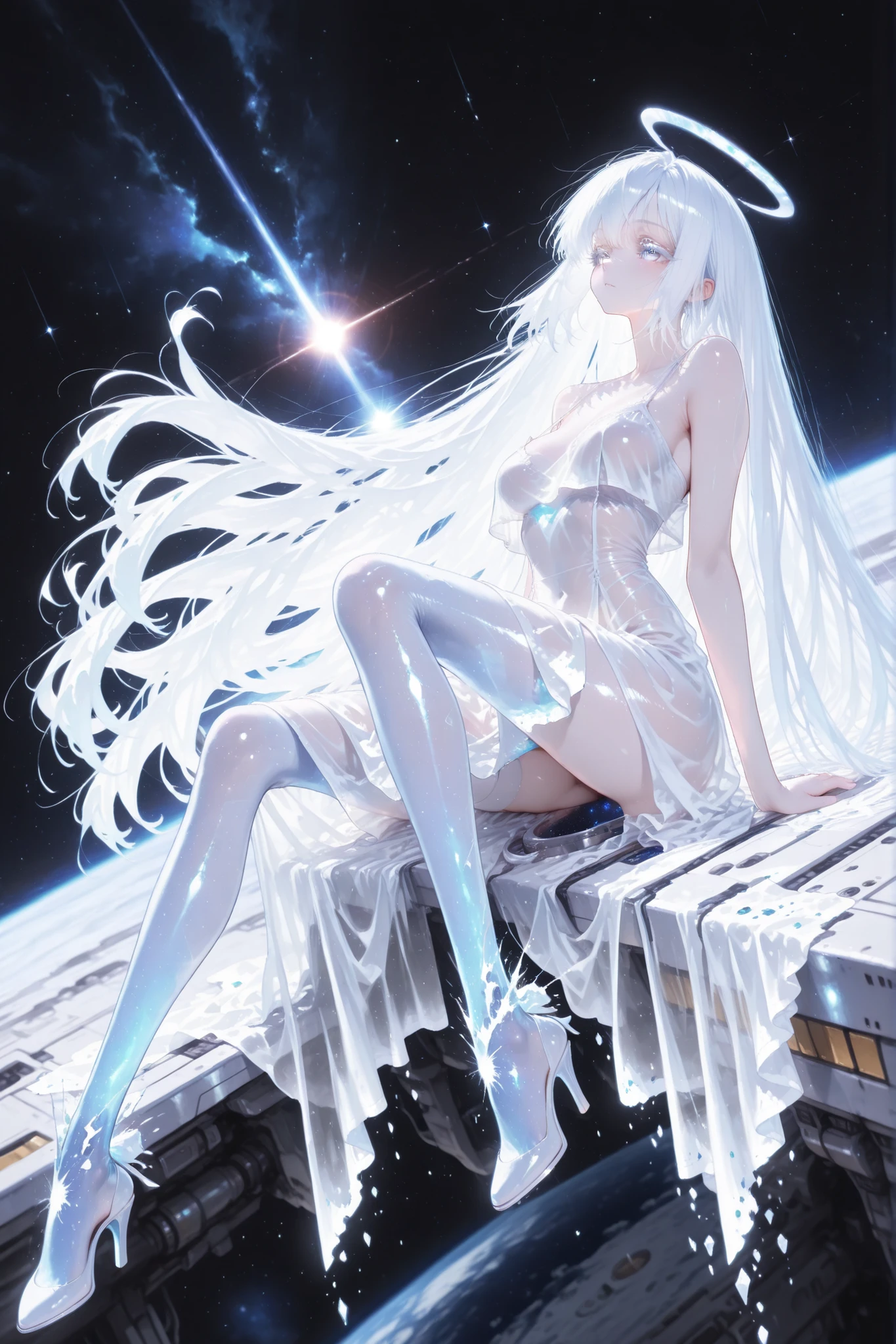 aria,white hair, white eyelashes, see through clothing, high heels, dreamy atmosphire, ((A girl drifts through space. )) Mist swirls,Sitting on a meteorite
