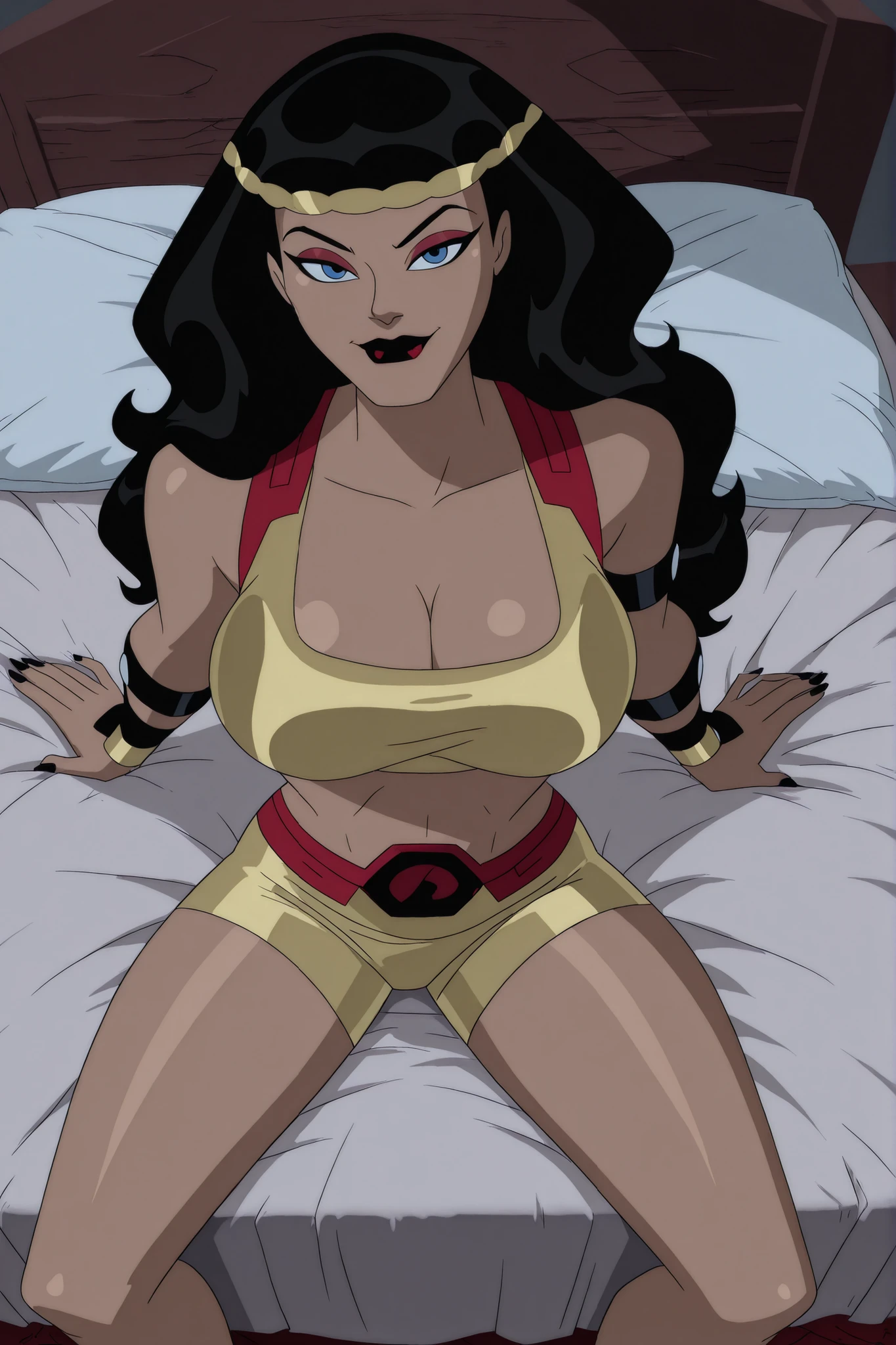 BREAK, score_6_up, score_7_up, score_8_up, score_9, b1gb4rd4, 1girl, solo, long hair, breasts, blue eyes, black hair, jewelry, hairband, dark red lips, lipstick, makeup, black nails, large breasts, busty, cleavage, curvy, athletic, looking at viewer, seducing viewer, teasing viewer, seductive expression, smiling, closed mouth, bedroom eyes, gold sports bra, gold bike shorts, indoors, bedroom, sitting on bed, closeup, portrait, upper body, high-angle view, dark red eyeshadow, black eyeliner, black mascara