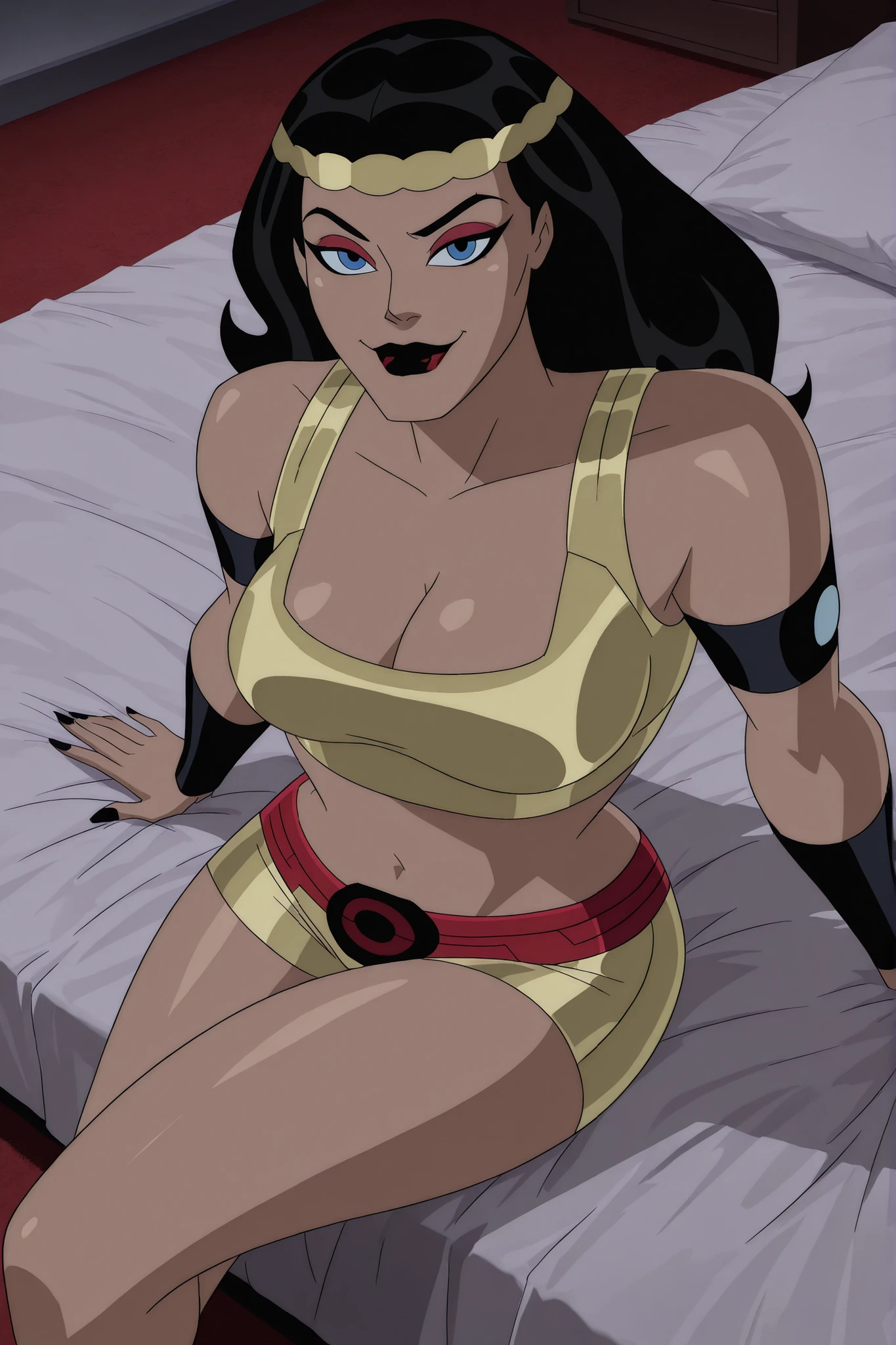 BREAK, score_6_up, score_7_up, score_8_up, score_9, b1gb4rd4, 1girl, solo, long hair, breasts, blue eyes, black hair, jewelry, hairband, dark red lips, lipstick, makeup, black nails, large breasts, busty, cleavage, curvy, athletic, looking at viewer, seducing viewer, teasing viewer, seductive expression, smiling, closed mouth, bedroom eyes, gold sports bra, gold bike shorts, indoors, bedroom, sitting on bed, closeup, portrait, upper body, high-angle view, dark red eyeshadow, black eyeliner, black mascara