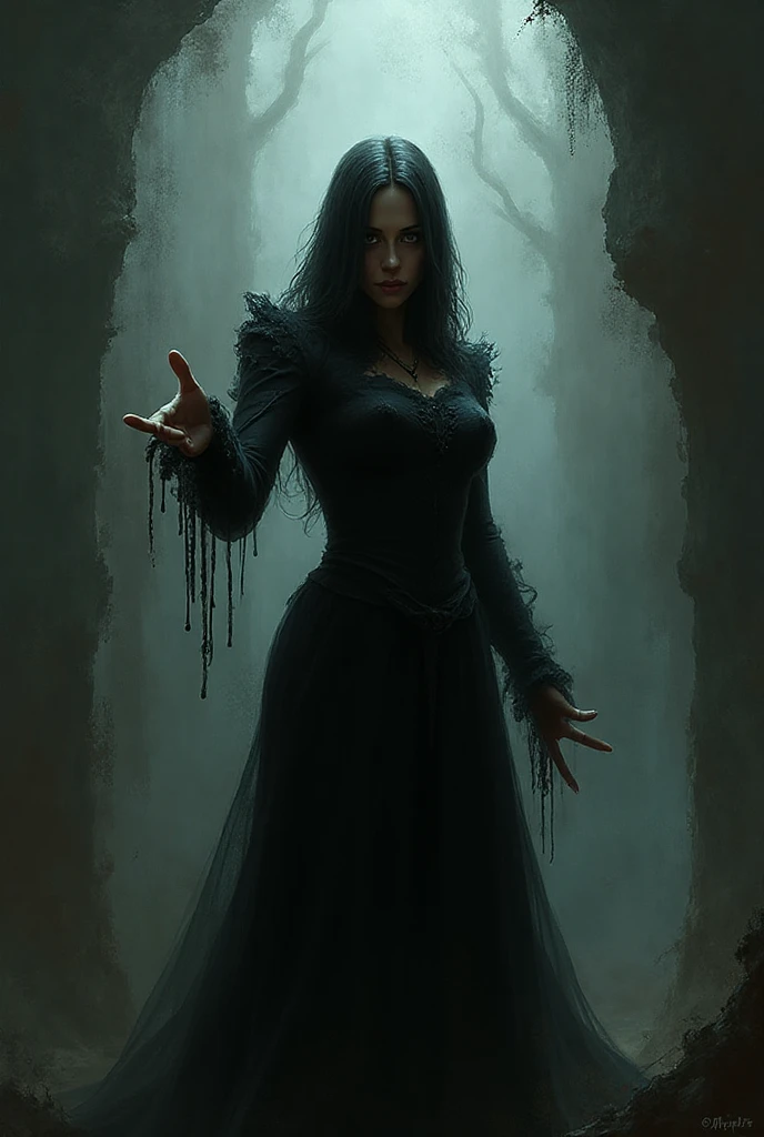 Evil queen with long red fingernails and black dress loses her power and falls from a tower