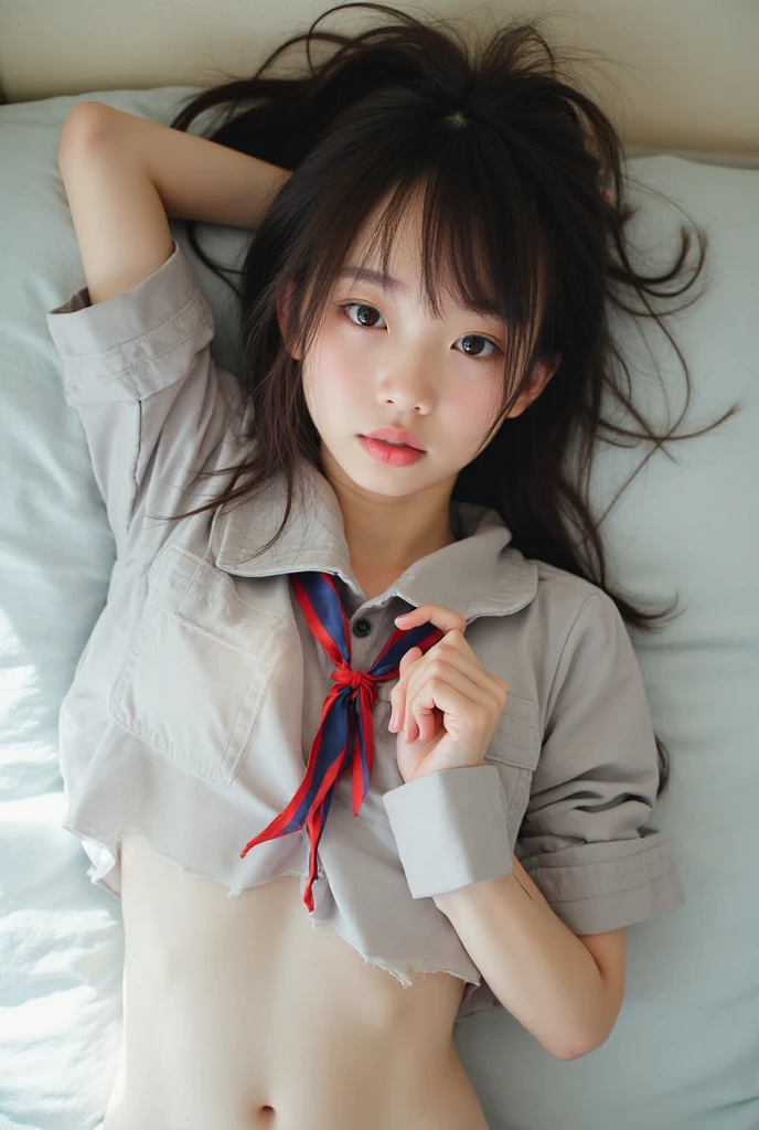 (Photoreal: 1.4), (Hyperrealistic: 1.4), (Realistic: 1.3), (Smooth Lighting: 1.05), (Improved Cinematic Lighting: 0.9), 32K, One Japan woman with a faint smile, realistic lighting, backlight, face lights, ray tracking, (Bright light: 1.2), (Quality improvement: 1.4), ( Realistic textured skin of the highest quality: 1.4), fine detailed eyes, detailed face, fine quality eyes, dark brown eyes, (tired, sleepy and satisfied: 0.0), pale lighting, white blouse, bow tie, navy blue skirt, short ankle socks of white silk, white background, (lying face down on the bed looking at the camera, knees bent and heels of white socks facing up)))