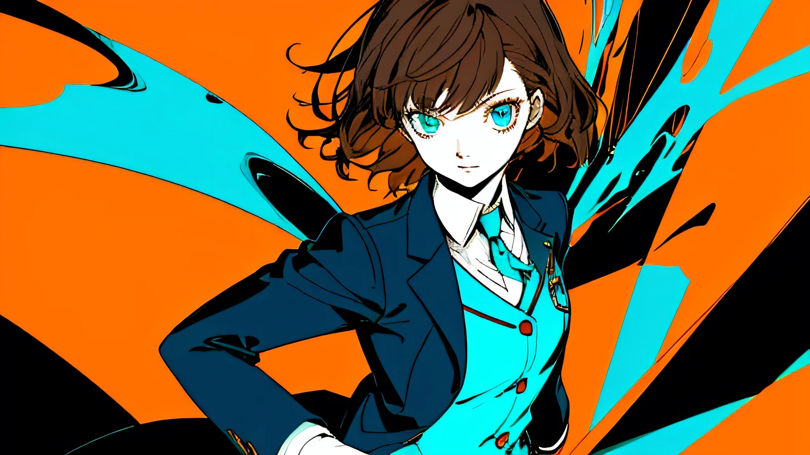 Background is light blue and blue only, blue and black as the base color, brown haired high school girl, blazer uniform, high quality, high resolution, detailed, stylish