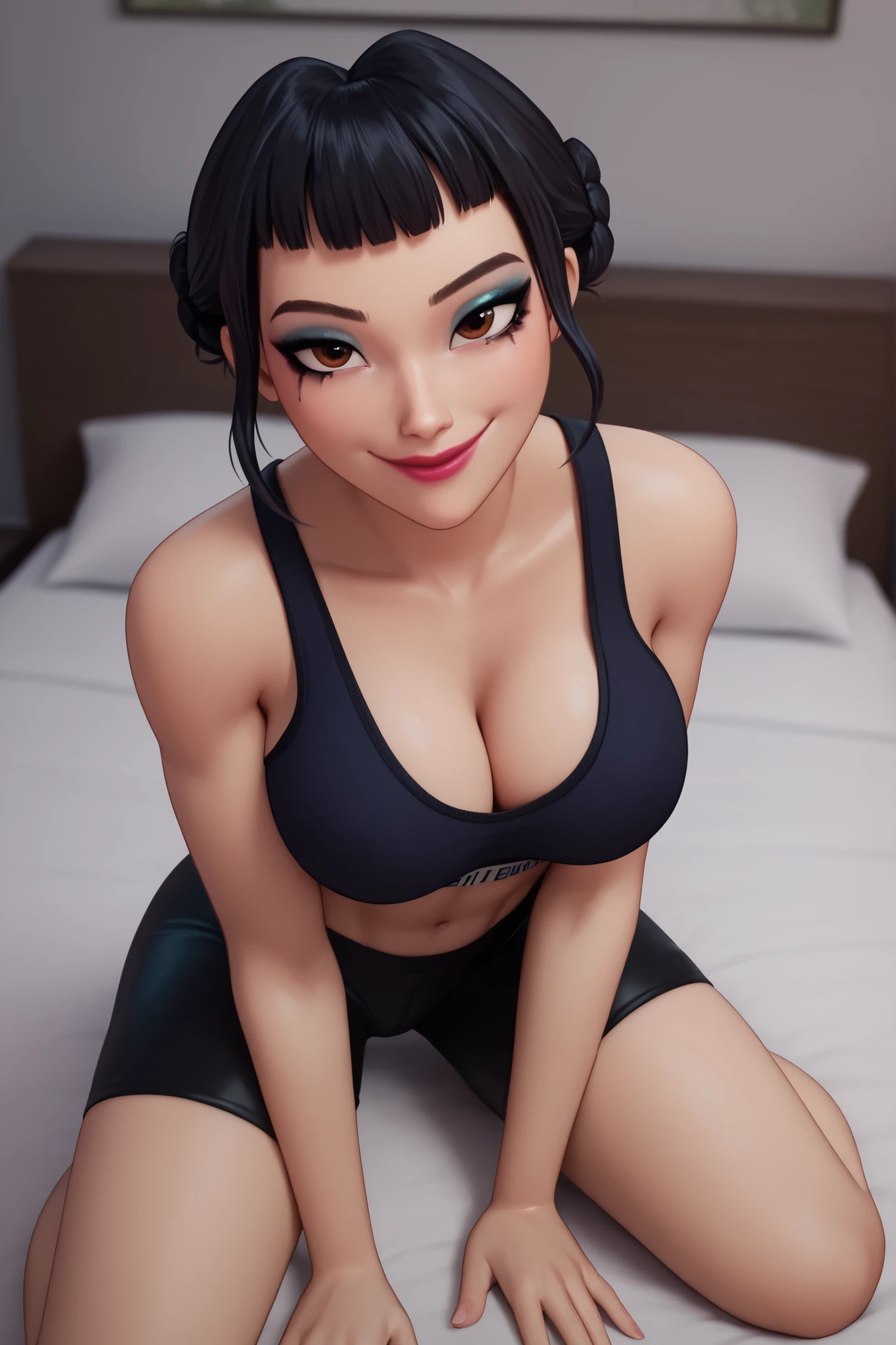 BREAK, score_6_up, score_7_up, score_8_up, score_9, 1girl, solo, kpdh_z0ey, black hair, short hair, hair bun, brown eyes, blunt bangs, lipstick, makeup, official KPop Demon Hunters aesthetic, , busty, cleavage, curvy, athletic, looking at viewer, seducing viewer, teasing viewer, expression, smiling, closed mouth, bedroom eyes, black sports bra, black bike shorts, midriff, indoors, bedroom, sitting on bed, closeup, portrait, upper body, high-angle view, blue eyeshadow, black mascara
