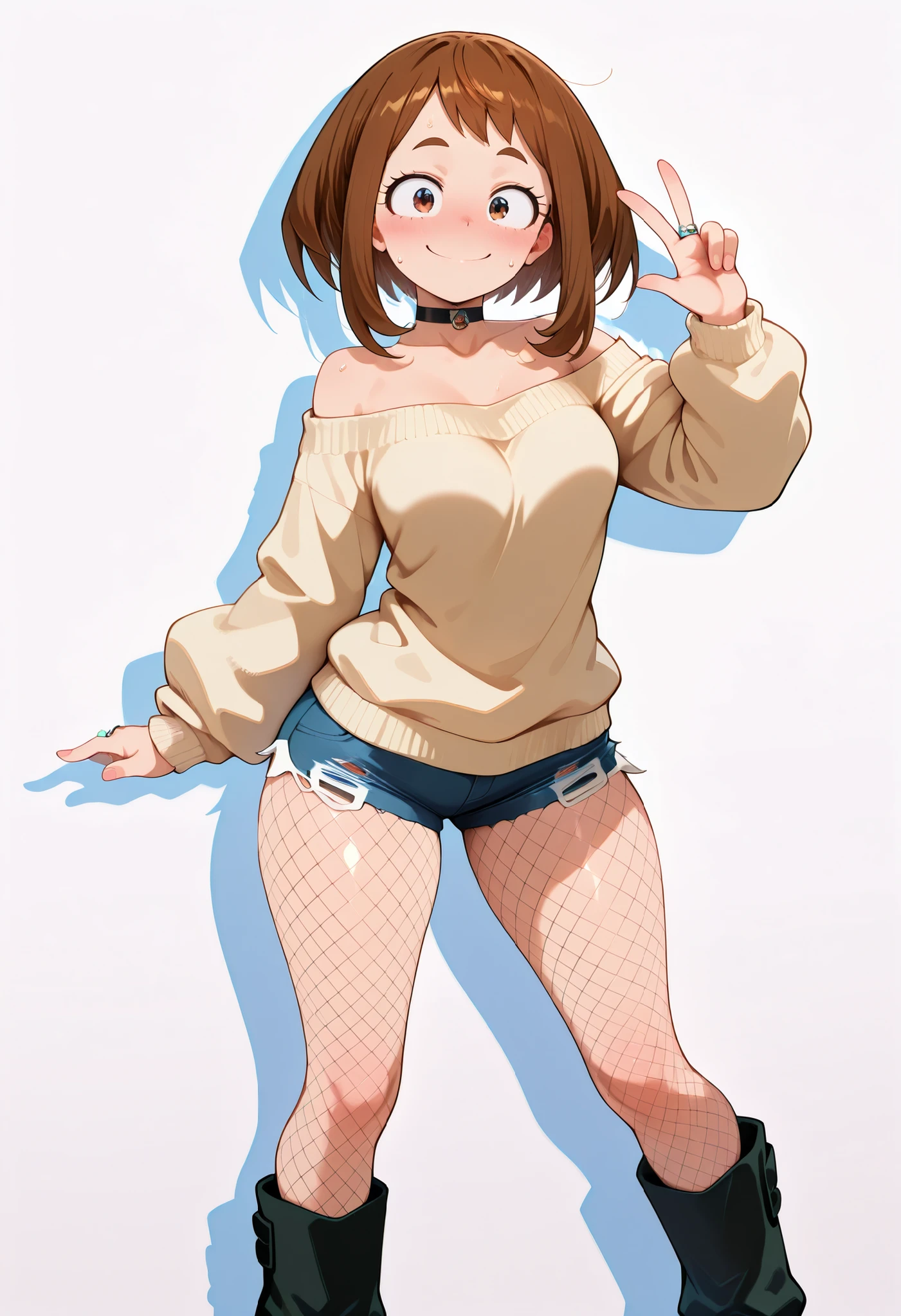 (masutepiece, Best Quality, hight resolution,, Perfect Pixel, depth of fields, 4K), Beautiful anime girl, Perfect body , uraraka ochako ,, ,,,,, , , jewelry, , , sweat, , ,looking at viewer, , , ,, smile, , blush, with an extremely curvy and voluptuous figure, looking at viewer, shiny skin, shiny hair, shiny body, clear body, nose blush,,, completely flat white and empty background,,, SOLO, white background, empty background, medium BREASTS, STANDING, POSING, contrapasso, view from front, "rental mommy" , wearing an oversized black off-shoulder sweater with soft fabric folds. One shoulder is exposed due to the wide neckline. She wears distressed blue denim short shorts with frayed edges, black fishnet tights with a medium diamond pattern, and black over-the-knee leather boots with a slight shine. She also wears a black choker with a small gold ring in the center.
Her pose: she holds one hand up near her forehead making a playful V-sign (peace sign) with her fingers. Her other hand is placed shyly on the front of her shorts, fingertips lightly resting over the fabric in a cute, bashful pose . She has a confident but teasing smile, VIEW FROM FRONT,