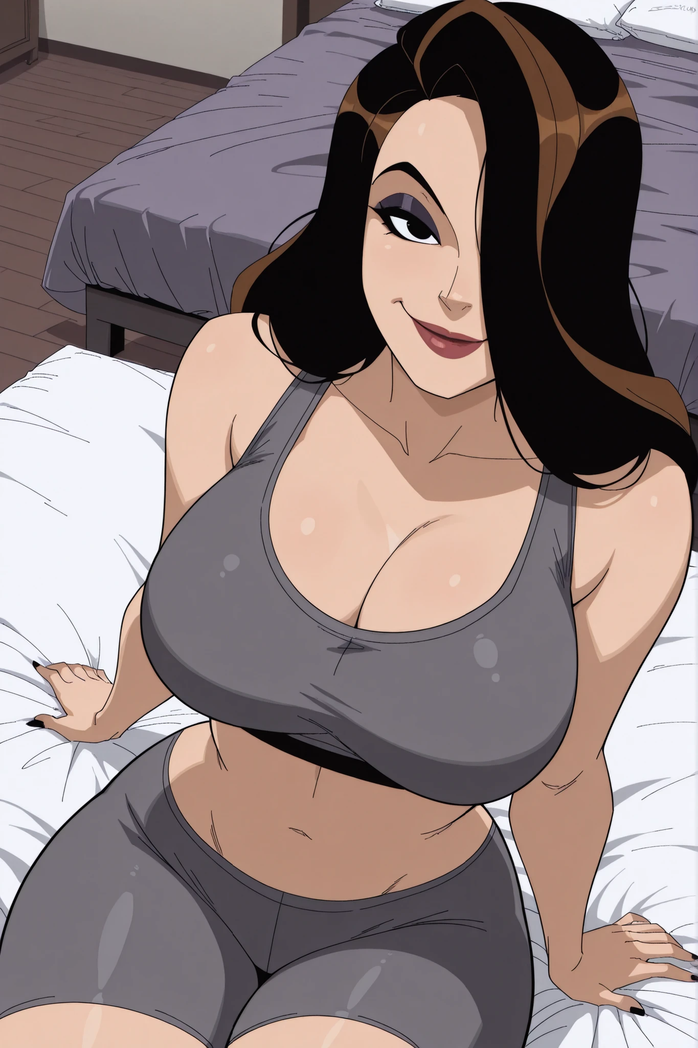 BREAK, score_6_up, score_7_up, score_8_up, score_9, 1girl, solo, long hair, black hair, brown hair, hair over one eye, black eyes, lipstick, makeup, t4lb4t, , busty, cleavage, curvy, athletic, looking at viewer, seducing viewer, teasing viewer, expression, smiling, closed mouth, bedroom eyes, gray sports bra, gray bike shorts, indoors, bedroom, sitting on bed, closeup, portrait, upper body, high-angle view, dark purple eyeshadow, black eyeliner, black mascara