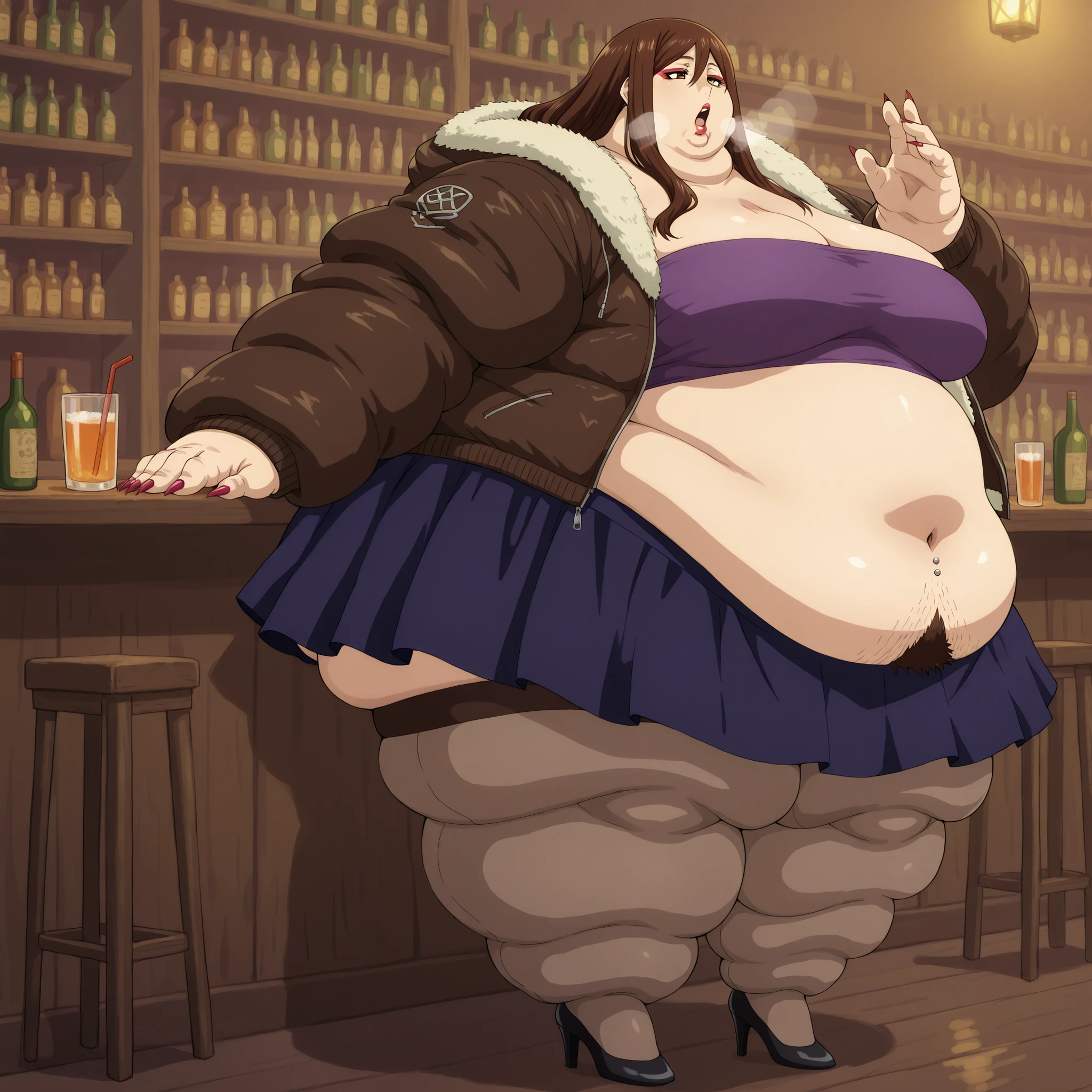 <lora:Vianca_Tondemo_Skill_de_Isekai_Hourou_Meshi_IL:1> , tondemovianca, long hair, brown hair, brown eyes, thick lips, mature female, furr jacket, tube top, midriff, belly button piercing, skirt, stockings, high heels, long nails, makeup, lipstick, fat, chubby, obese, fat neck, multiple chins, big breasts open mouth, out of breath, Larger female, full body shot, only head, large head, oversized limbs, large hands, large feet, oversized feet, oversized fingers, big lips, plump lips, fat face, fupa, big fupa, fat fupa, hunchback, pubic hair, hairy, at a bar, drinking 