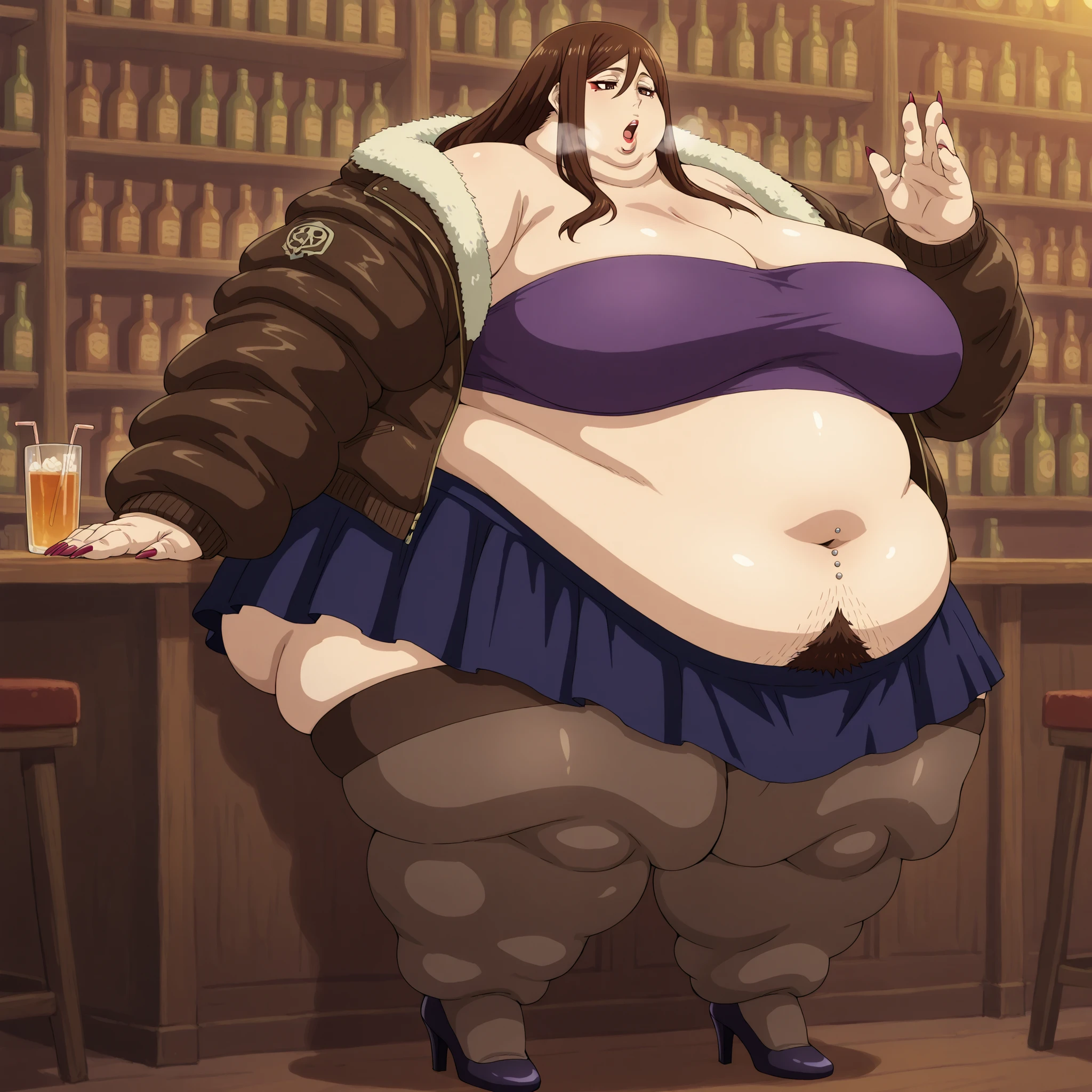 <lora:Vianca_Tondemo_Skill_de_Isekai_Hourou_Meshi_IL:1> , tondemovianca, long hair, brown hair, brown eyes, thick lips, mature female, furr jacket, tube top, midriff, belly button piercing, skirt, stockings, high heels, long nails, makeup, lipstick, fat, chubby, obese, fat neck, multiple chins, big breasts open mouth, out of breath, Larger female, full body shot, only head, large head, oversized limbs, large hands, large feet, oversized feet, oversized fingers, big lips, plump lips, fat face, fupa, big fupa, fat fupa, hunchback, pubic hair, hairy, at a bar, drinking 