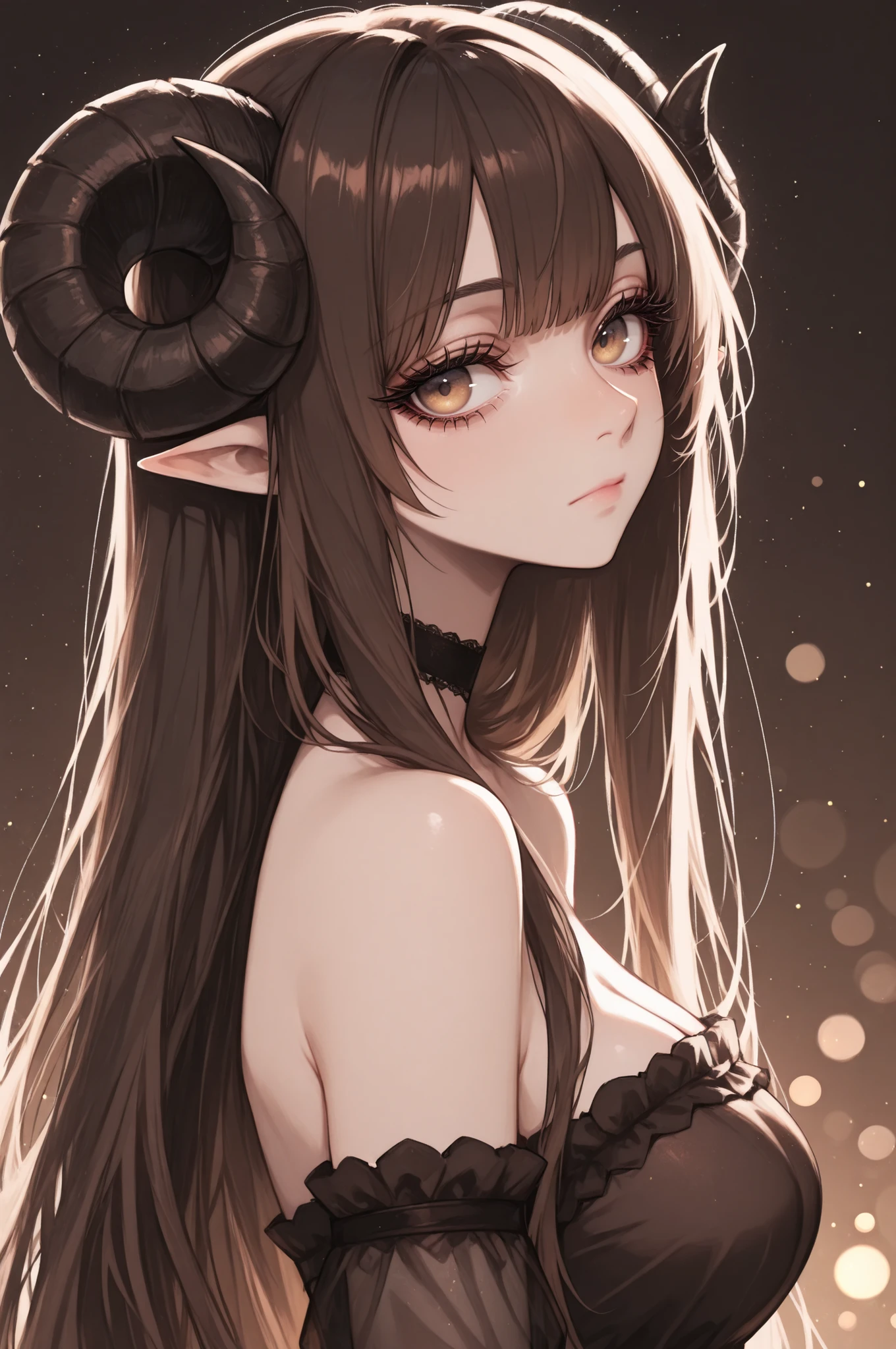 1girl, horns, solo, long hair, pointy ears, looking at viewer, brown hair, bare shoulders, , upper body, sheep horns, , light brown eyes, dress, choker, curled horns, straight hair, breasts,, detached sleeves, , brown dress, nose, from side, , , brown hair, , eyelashes, , see-through, hazel eyes, looking to the side, strapless dress, demon girl, light particles, brown background, bangs, , backlighting, gradient background, bokeh,