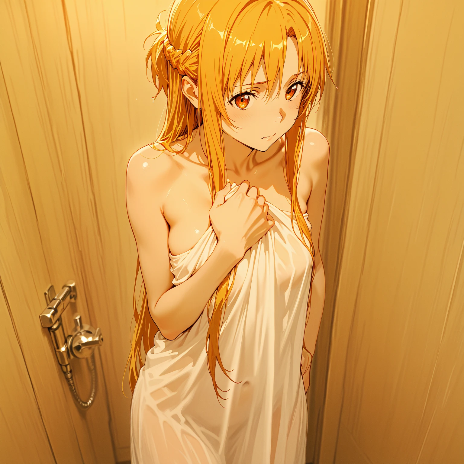 (detailed), perfect face, brown skin anime woman in a long deep V-neck tied top, ( shoulders), (long skirt), (long hair), starving, (resting hands on the stomach), (hands on the stomach), (slim woman), (smooth and shiny skin), worried, light blush, ((best quality)), ((masterpiece))