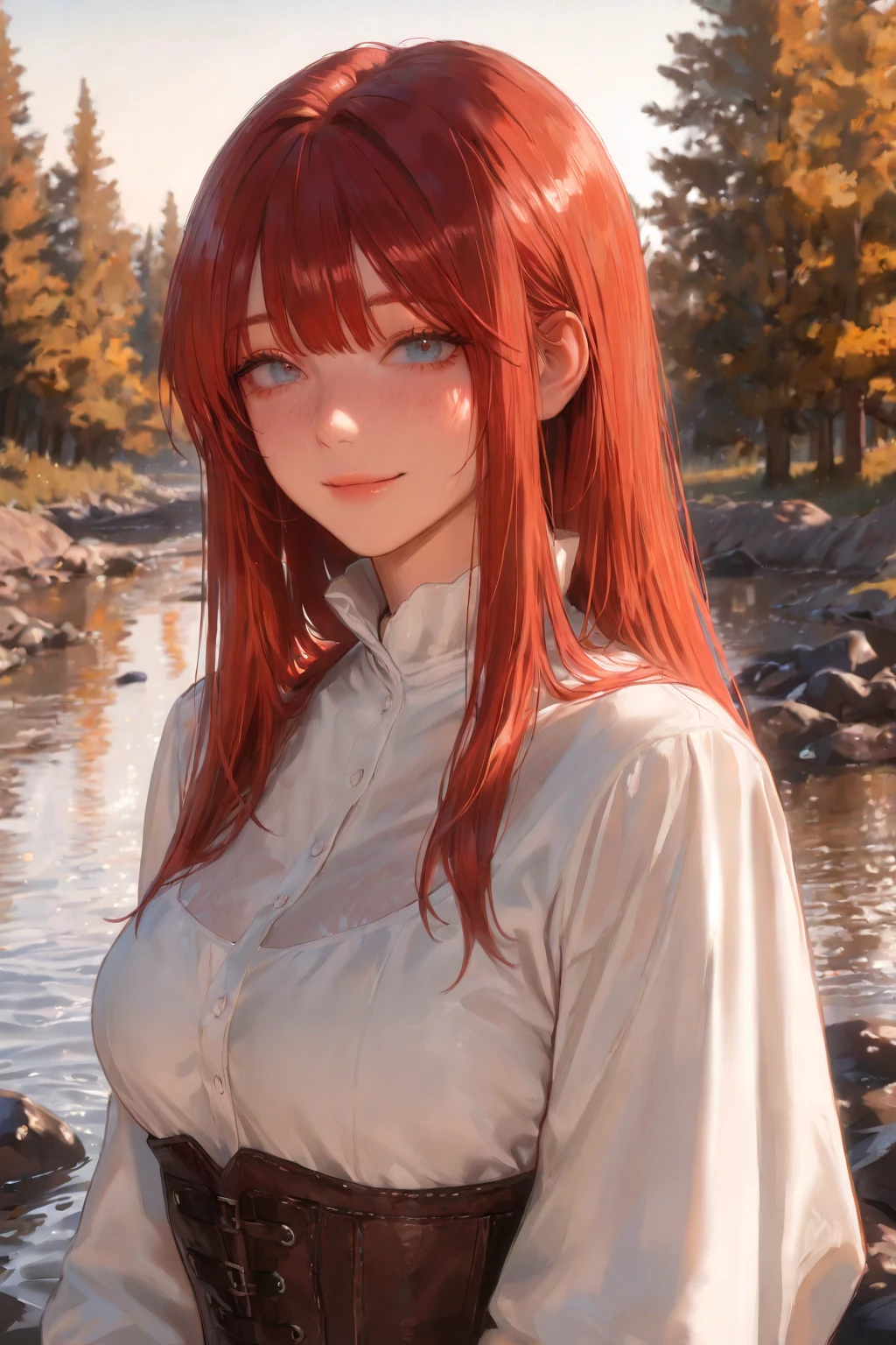 red hairs、hime-cut、Golden Eyes、eye glasses、ssmile、Early teens girl、Smaller chest、Thin pubic hair、Open the white robe、Opening legs、countryside village、low angles