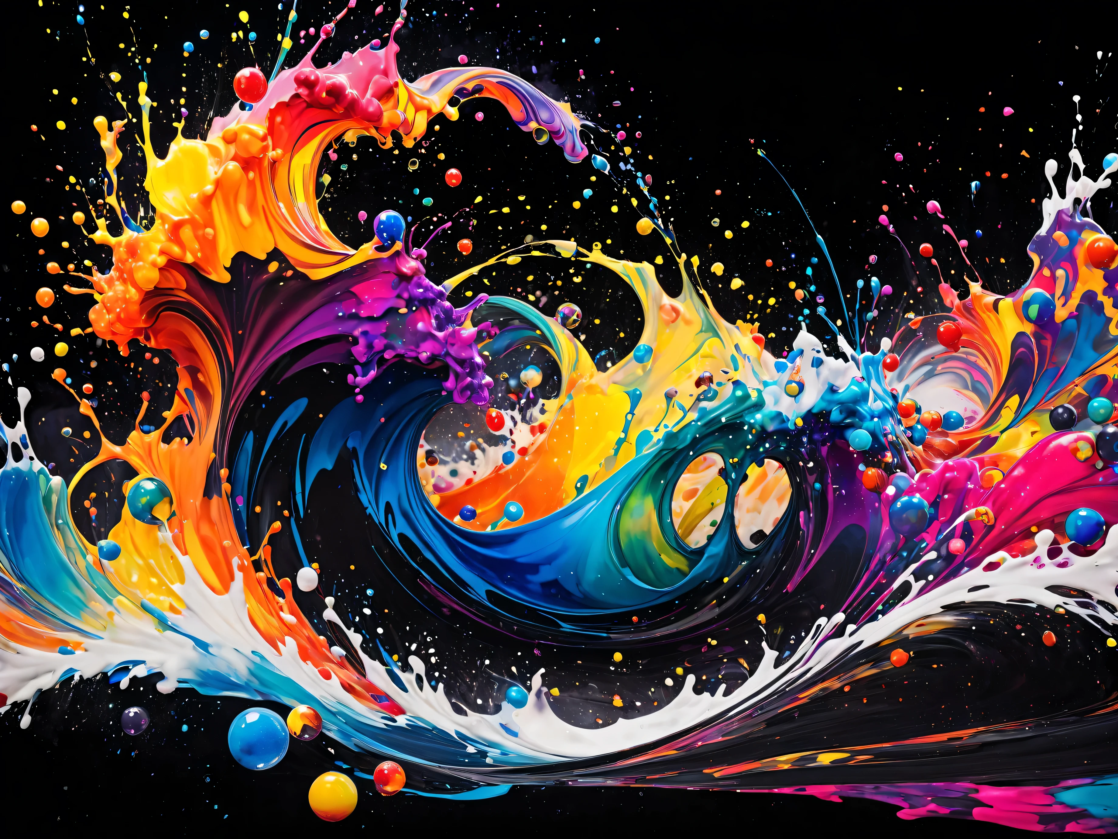 doodle art, Ink Stains ,wild and unbridled,Splash Ink Paint,abstractionism,colorful,Blurry Dreams ,dynamic energy,Release Creation,visual impact,Modern aesthetic sense ,elegant and simple,Contemporary Interpretations ,Be bold,Black background,colored marbles falling into the ink,The moment the ink splashes spread,Stir up huge colorful waves,MAGNIFICENT