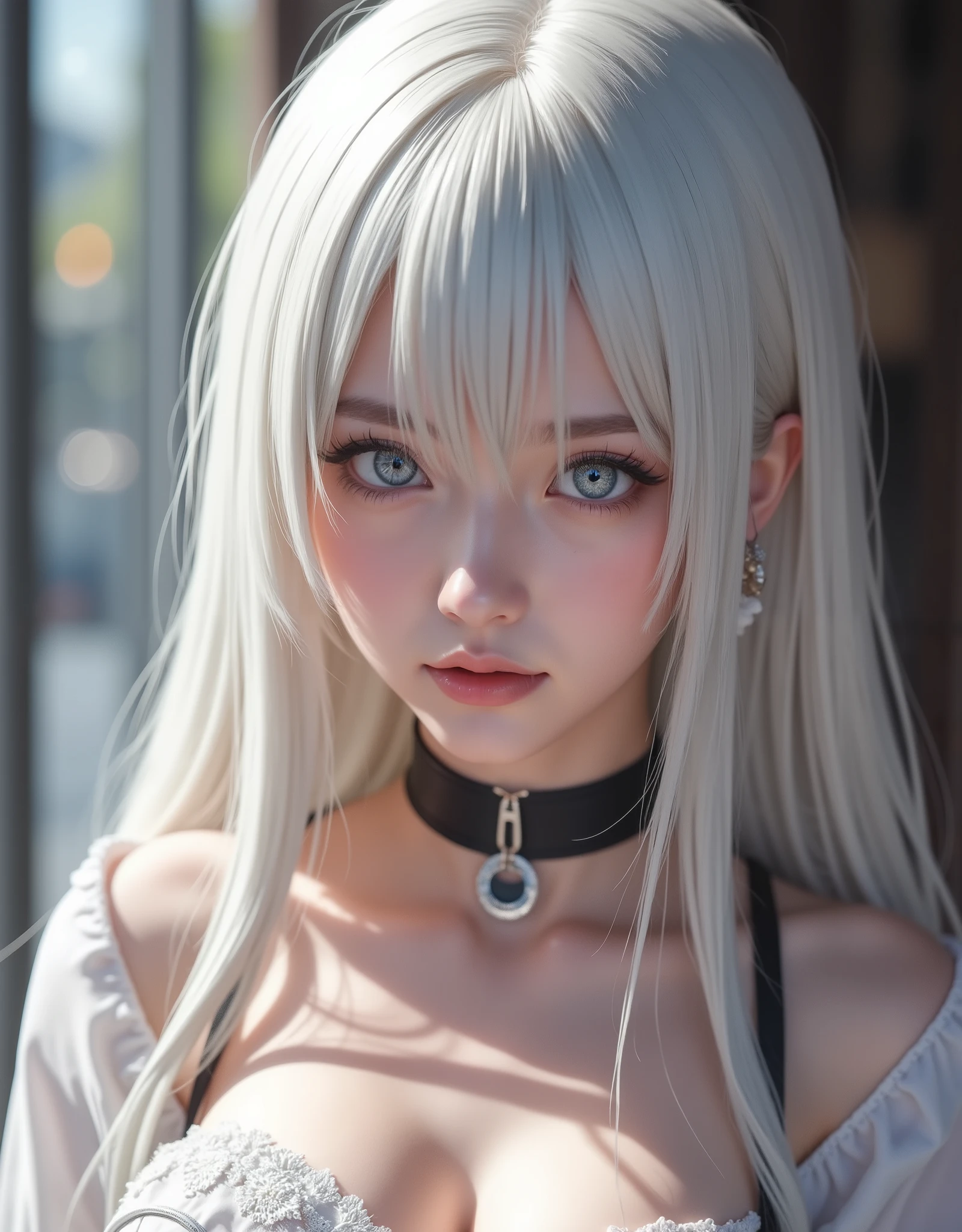 close up (hyperrealistic) by Elizabeth Liones Nanatsu no Taizai,white hair,ultra-detailed eyes,Emphasized chest ,(RAW photo),(photorealistic),(masterpiece),(High Quality),(definition 8k ),(clothing),REALISTIC ANIME STYLE,fantasy background, movie lighting