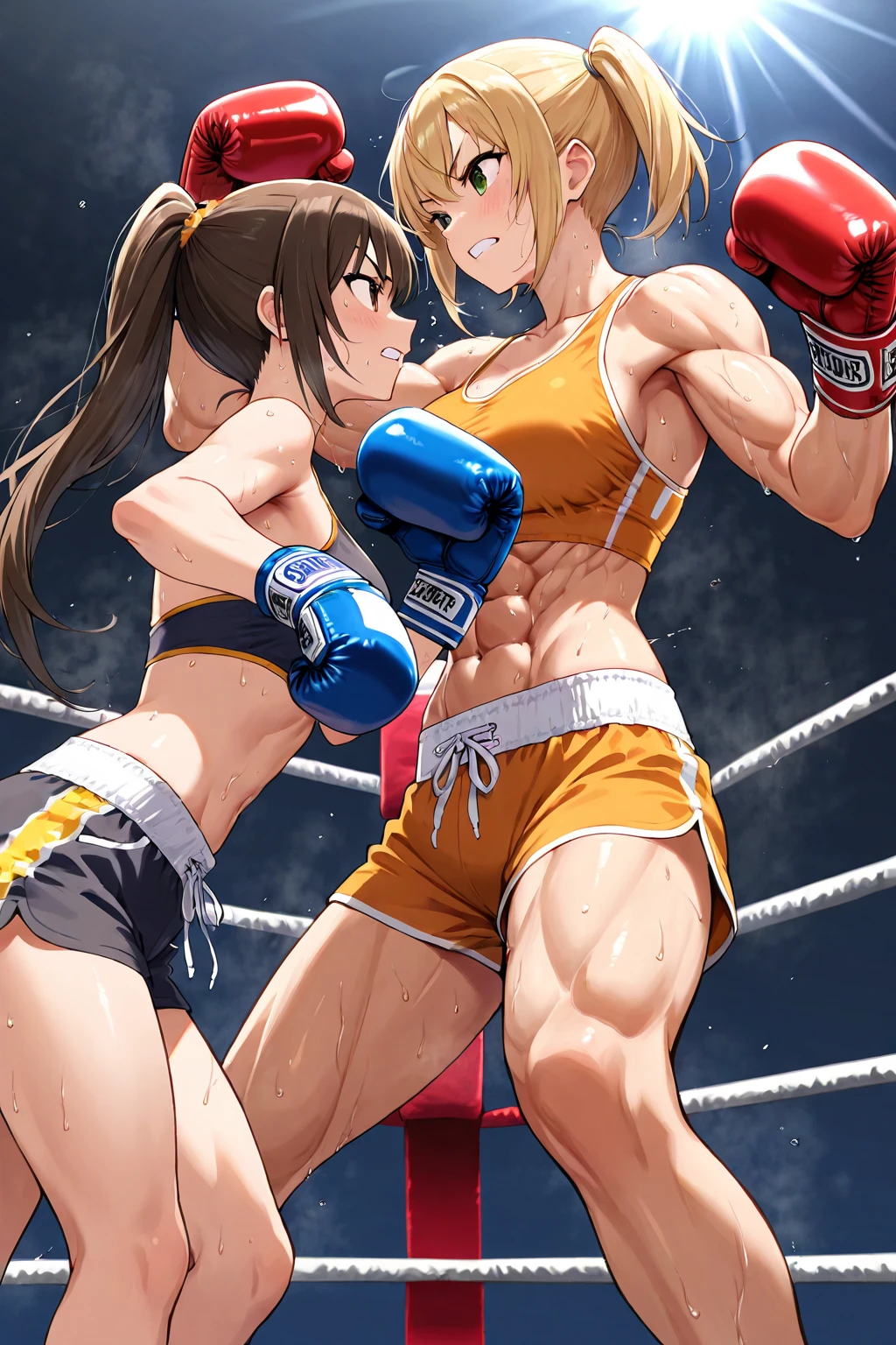 (((dynamic battle action))), (((((A male streetfighter and a cute girl streetfighter beating each other's body and face by fist and leg so hard in the backstreet))))). (Intense ). A fierce exchange of (dynamic attacks) with (((kickboxing))). extreme (survival battle). A male fighter and a cute girl fighter are glaring at each other. a cute girl fighter has strong fighting spirits. full body, Short hair black hair, out of breath, drenched in sweat.  pink . open finger gloves. tank-top, high-leg shorts, Whittled waistline, (((perfect shaped small breasts))), (((perfect shaped abs))).