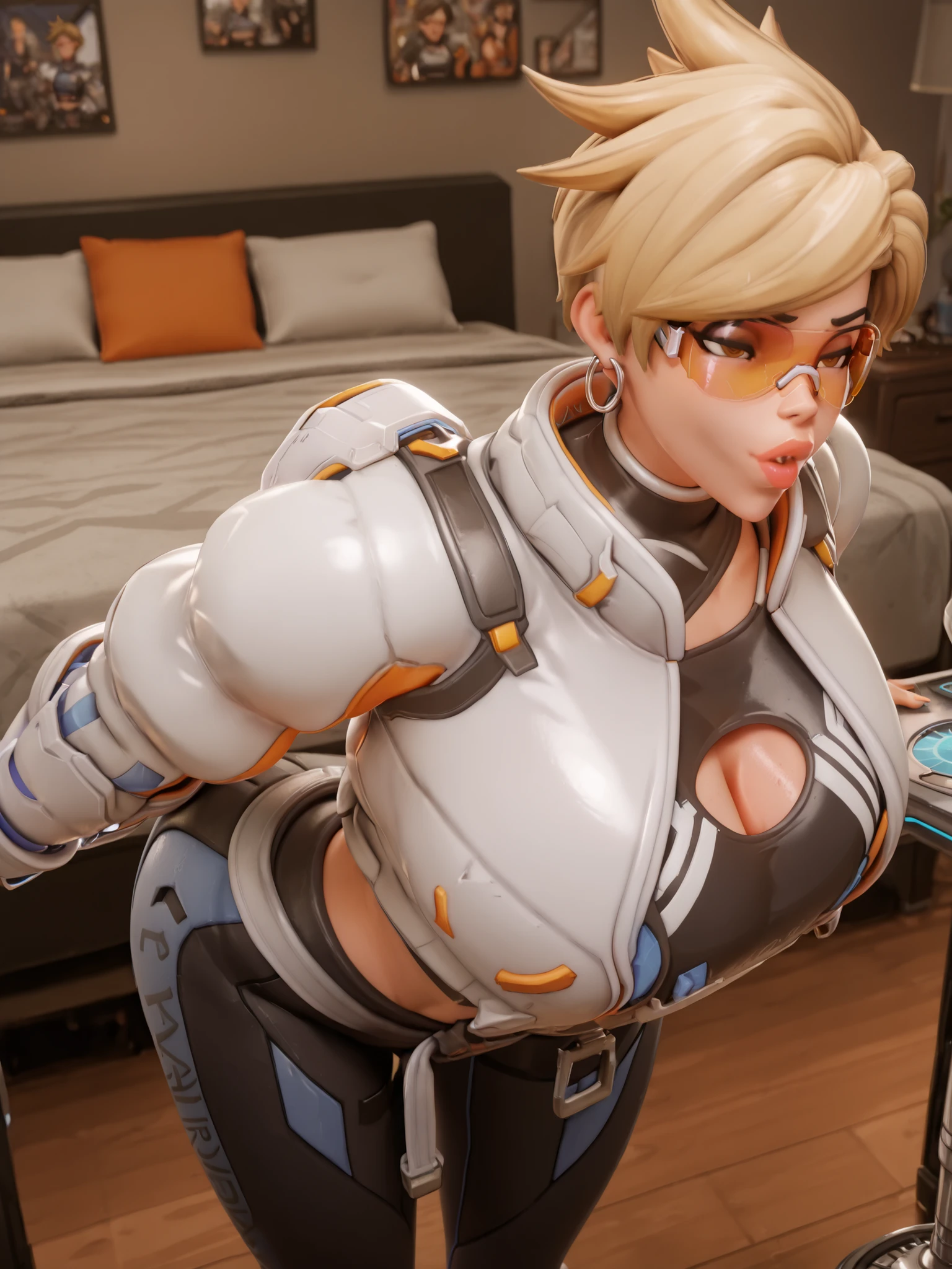 owtracer, le sserafim tracer, blonde hair, spiky hair, organge glasses, earrings, crop top, cleavage cutout, puffy jacket, cropped jacket, leggings, 1girl, gigantic breasts, gigantic thighs, bent over, arched back, masterpiece, best quality, closeup, bedroom, 3D style, 3D, blender, ((massive lips)), bimbo lips, lidded eyes