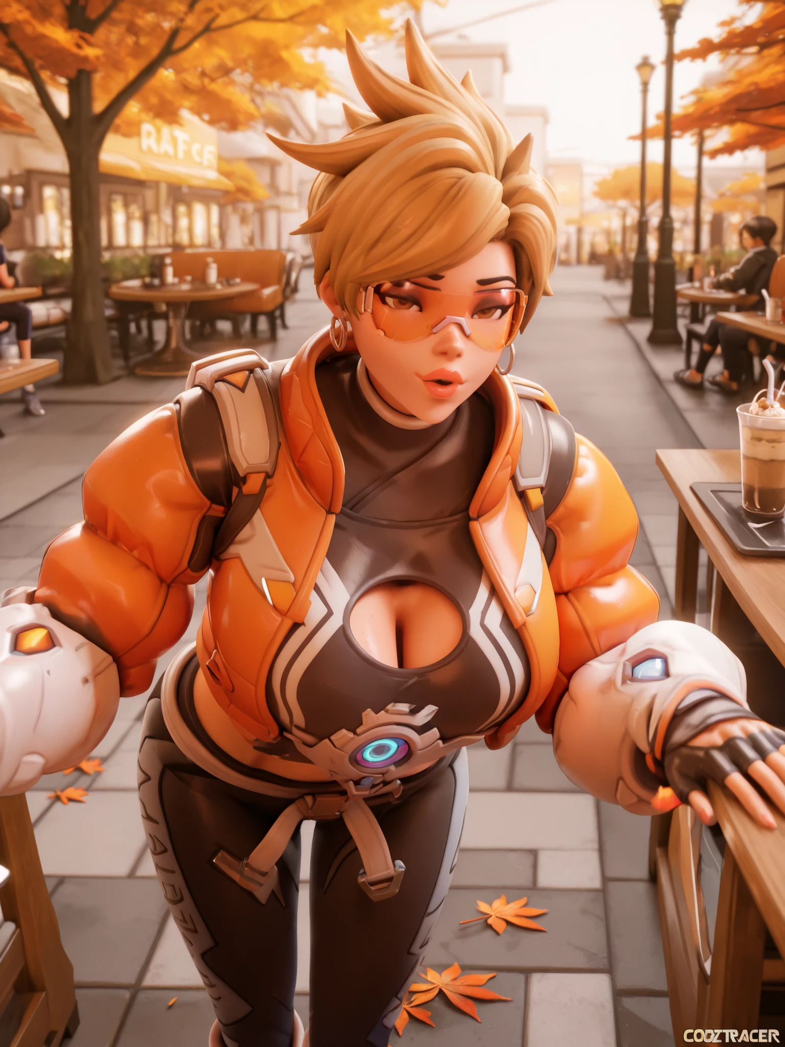 owtracer, le sserafim tracer, blonde hair, spiky hair, organge glasses, earrings, crop top, cleavage cutout, puffy jacket, cropped jacket, leggings, 1girl, gigantic breasts, gigantic thighs, masterpiece, best quality, closeup, cafe, autumn, street, cozy, warm lighting, 3D style, 3D, blender, ((massive lips)), bimbo lips, lidded eyes