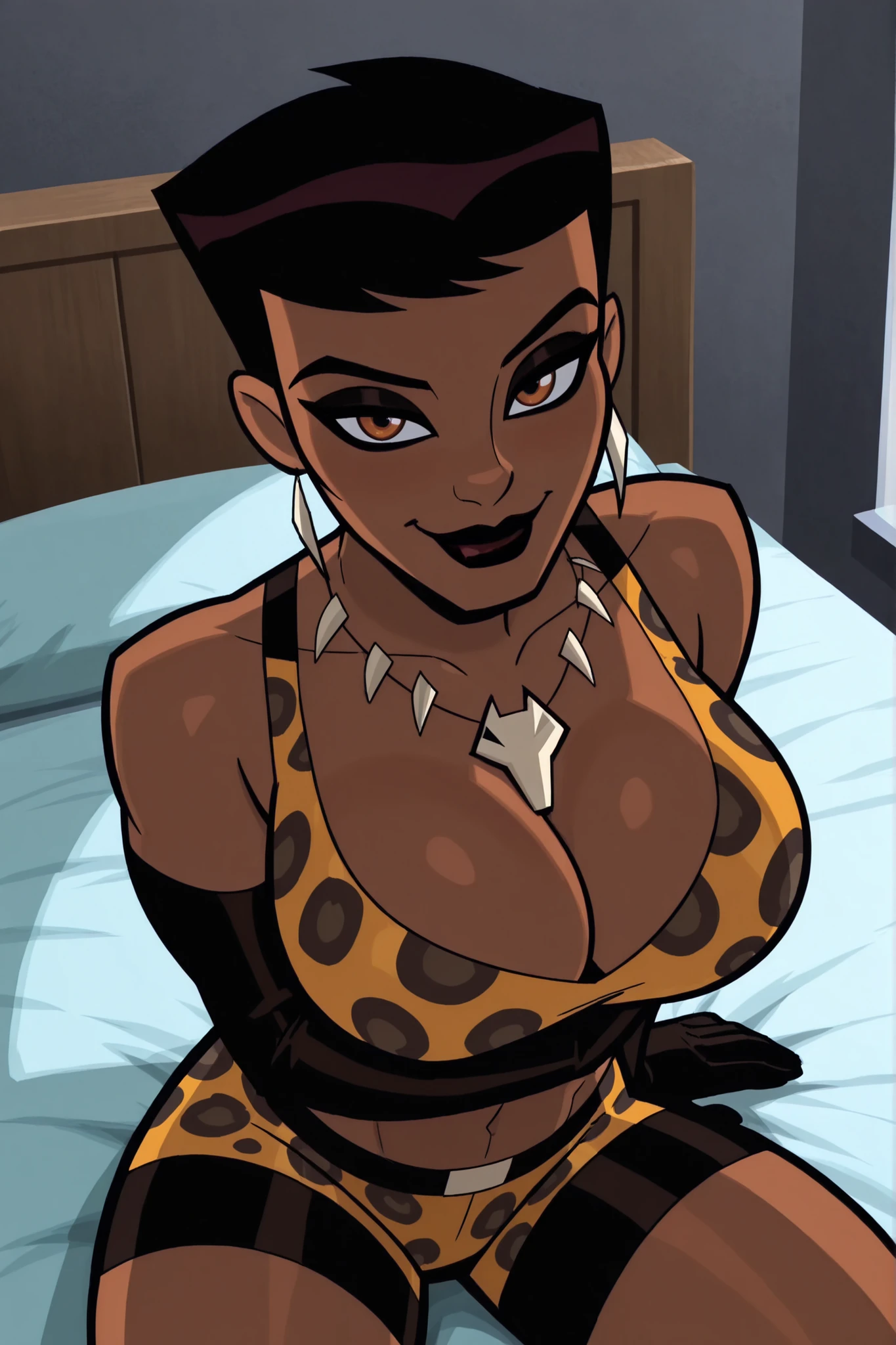 BREAK, score_6_up, score_7_up, score_8_up, score_9, masterpiece, best quality, dramatic lighting, intricate details, 1girl, solo, , cleavage, curvy, athletic, looking at viewer, seducing viewer, teasing viewer, smiling, closed mouth,  expression, bedroom eyes, short hair, black hair, jewelry, necklace, colored skin, dark-skinned female, dark skin, muscular female, colored sclera, lipstick, makeup, v1x3n, sitting on bed, indoors, busty, leopard print sports bra, leopard print bike shorts, portrait, closeup, upper body, bedroom, high-angle view, black eyeshadow, black eyeliner, black mascara 