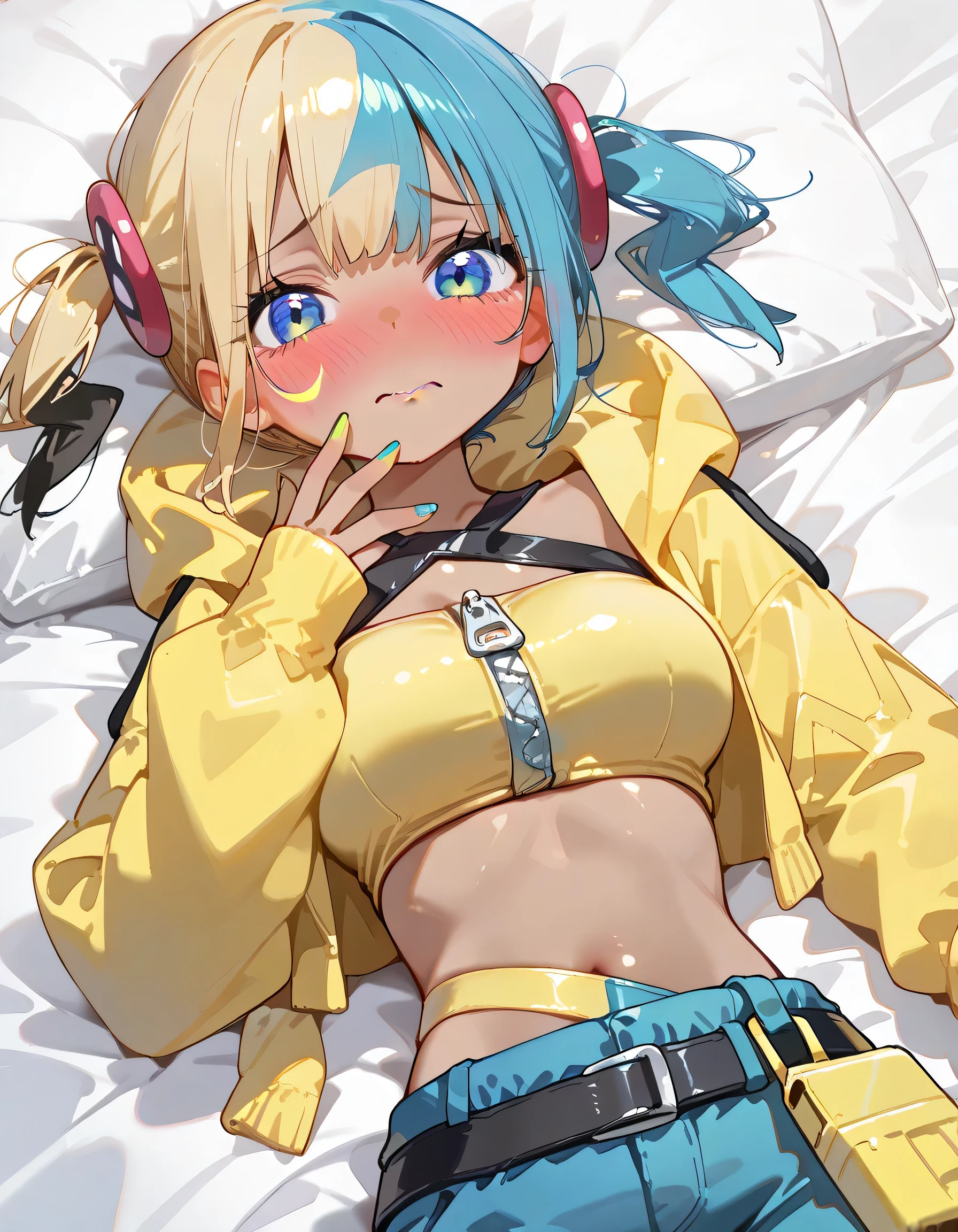 from above,lying on electric mark design bed,solo,1girl,canari, dark-skinned female, multicolored hair, two-tone hair, blonde hair, blue hair, twintails, blue eyes, hair ornament, Embarrassed, blushing, impatient, yellow jacket, hooded jacket, open jacket, long sleeves, sleeves past wrists, yellow bandeau, crop top, midriff, zipper, nail polish, yellow nails, blue nails, pants, pouch, belt, face focus, looking at viewer, white background,