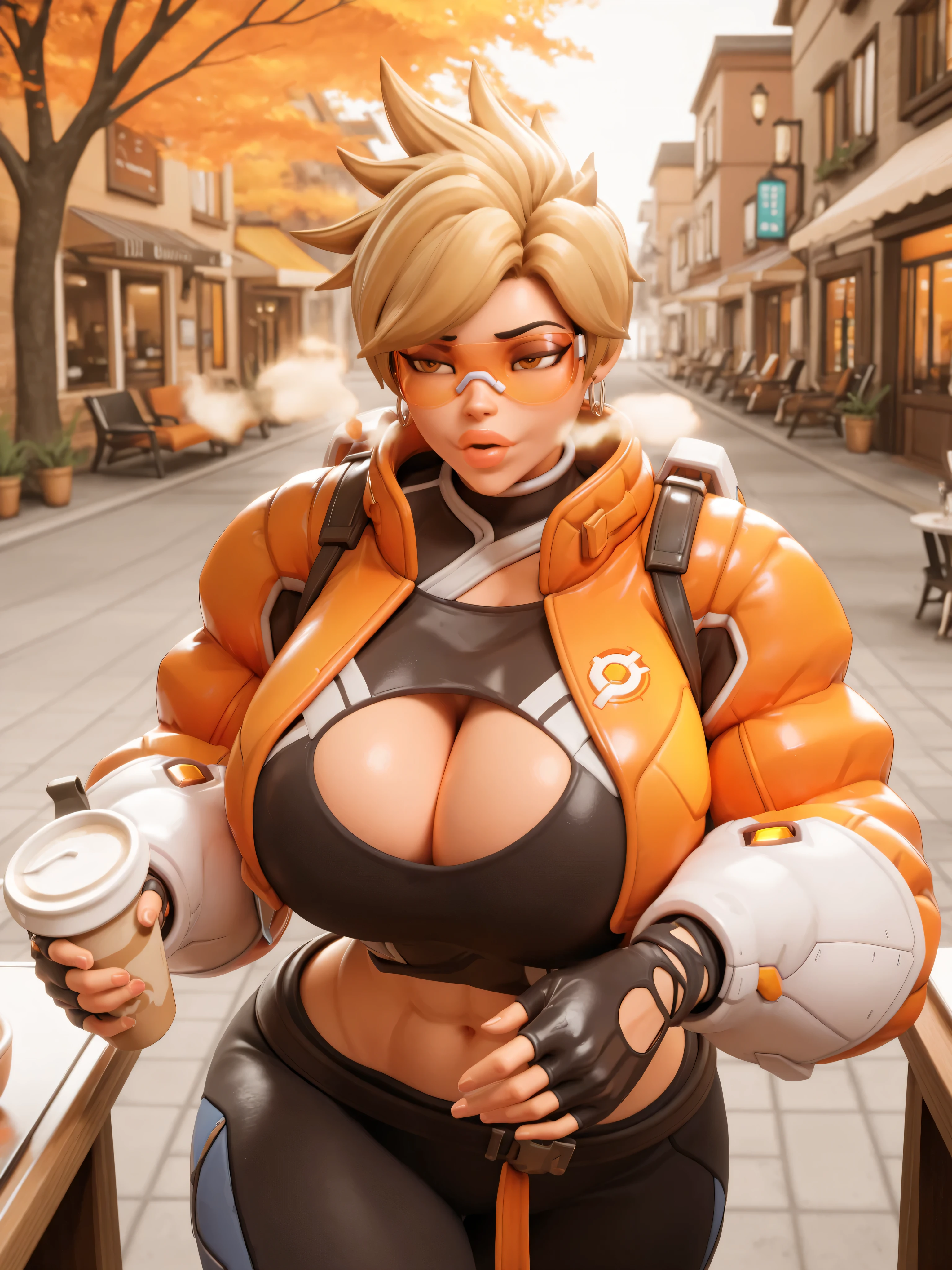 owtracer, le sserafim tracer, 1 girl, solo, blonde hair, spiky hair, orange glasses, earrings, crop top, cleavage cutout, puffy jacket, cropped jacket, leggings, 1girl, gigantic breasts, wide hips, gigantic thighs, narrow waist, abs, masterpiece, best quality, cafe, autumn, street, cozy, warm lighting, 3D style, 3D, blender, ((massive lips)), bimbo lips, bimbo, lidded eyes, shallow focus, closeup, steamy breath, bust shot, huge eyes, fingerless gloves, holding coffee
