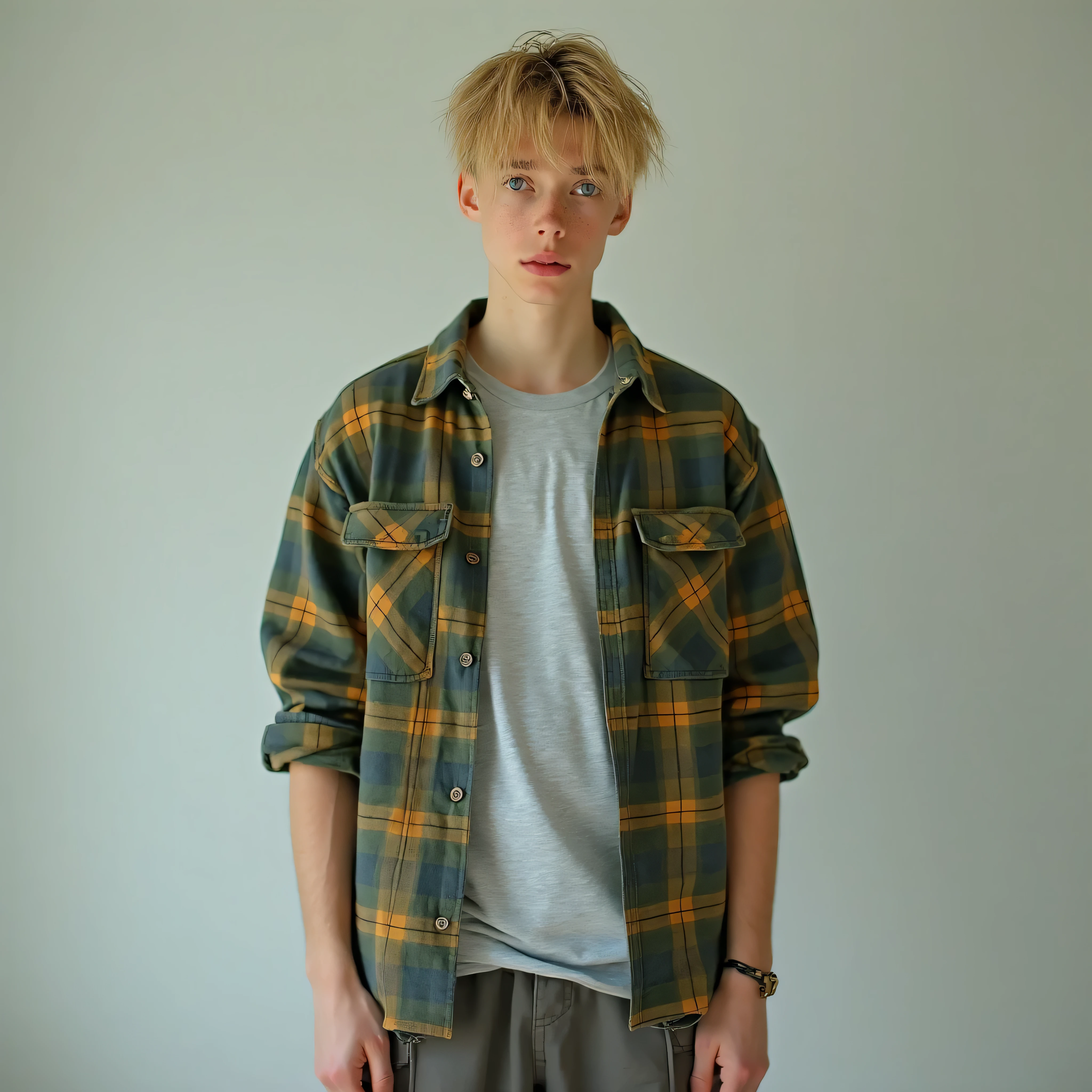 A realistic, high resolution photograph of an androgynous male in her 20's; full body frontal view facing the camera with her arms at her side, looking at the camera. There is extra space in the photo above his head. He has a thin, effeminate body with little muscle tone. He has short straight sandy blonde hair with straight bangs cross the front. He has a perfect, heart shaped face, thin lips, a small nose, a short, bull neck, and ears that lay close to his skull. He has watery blue eyes, an ivory complexion and freckles. His lips are slightly open and he has a anxious expression. He is wearing a light grey t-shirt, a green, grey and mustard plaid work shirt and dark grey cargo pants. There is no one else in the photo. There is extra space above the subject’s head and centered composition — suitable for magazine-style layout or cinematic framing.
