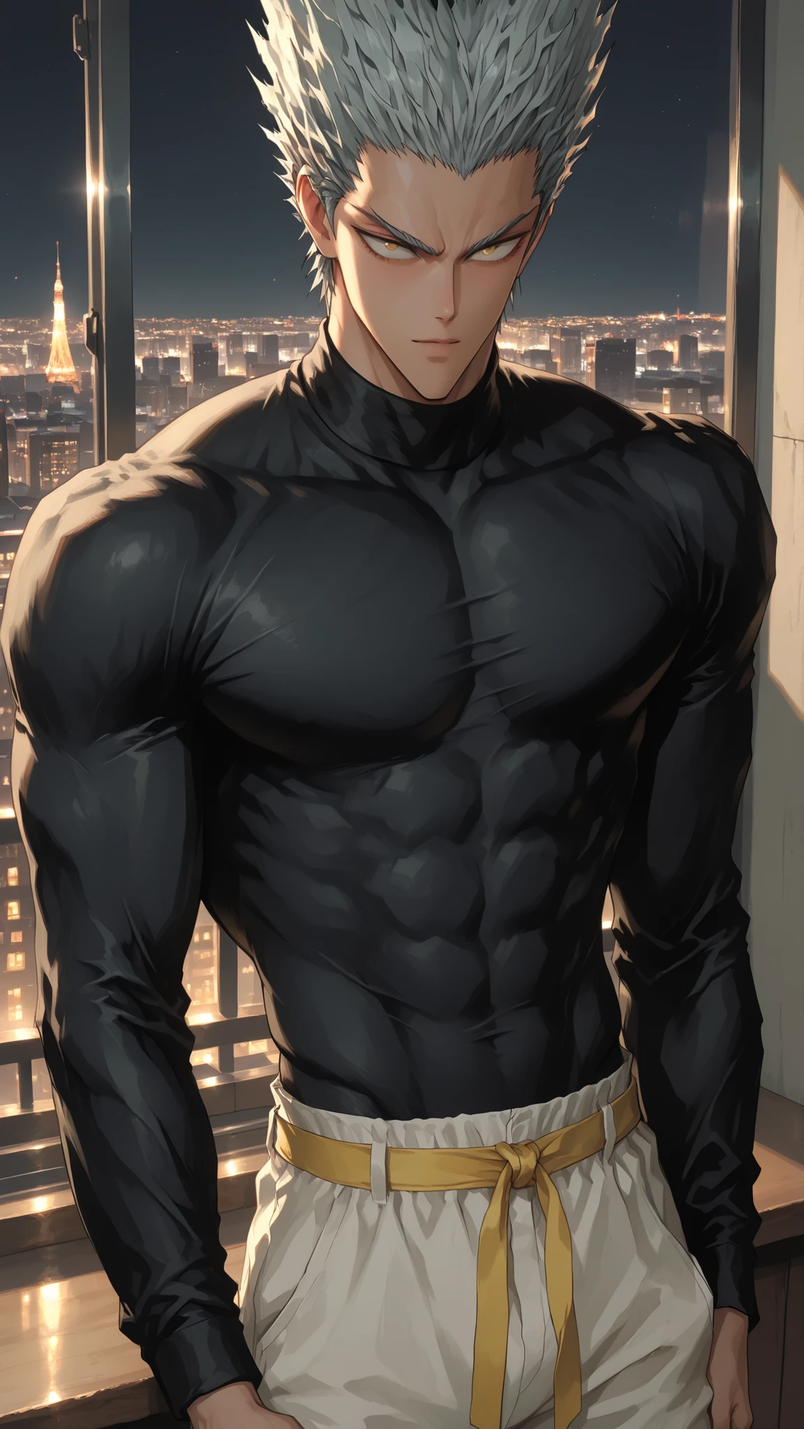 top quality underneath, very detailed illustration.
Garou (One Punch Man) Base male character.
rebellious short silver hair, Sharp golden eyes, Clear jawline and mature masculine beauty.
Black Comfort Tee, white gi pants, Yellow waistband showing only the tied part.
A well-groomed body and a smooth body.
provocative pose.
In a dark room, Composition where the night view of the city shines through the window.
Soft and soft lighting, Contrast, Stylish composition,soft ambient lighting with gentle shadows,